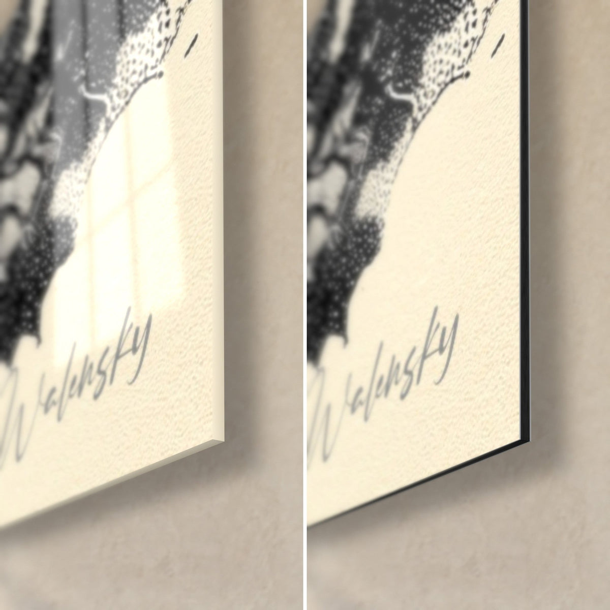 Tableau estampe de pagode, coin bas droit : signature grise Walensky, verre brillant à gauche, Dibond mat noir à droite