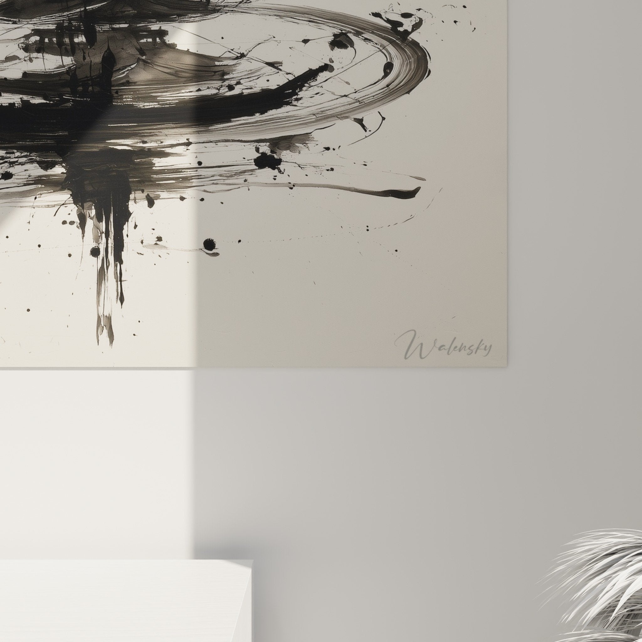 Vue ensemble pagode noire encre fond beige tableau mural zen decoration interieur minimaliste
