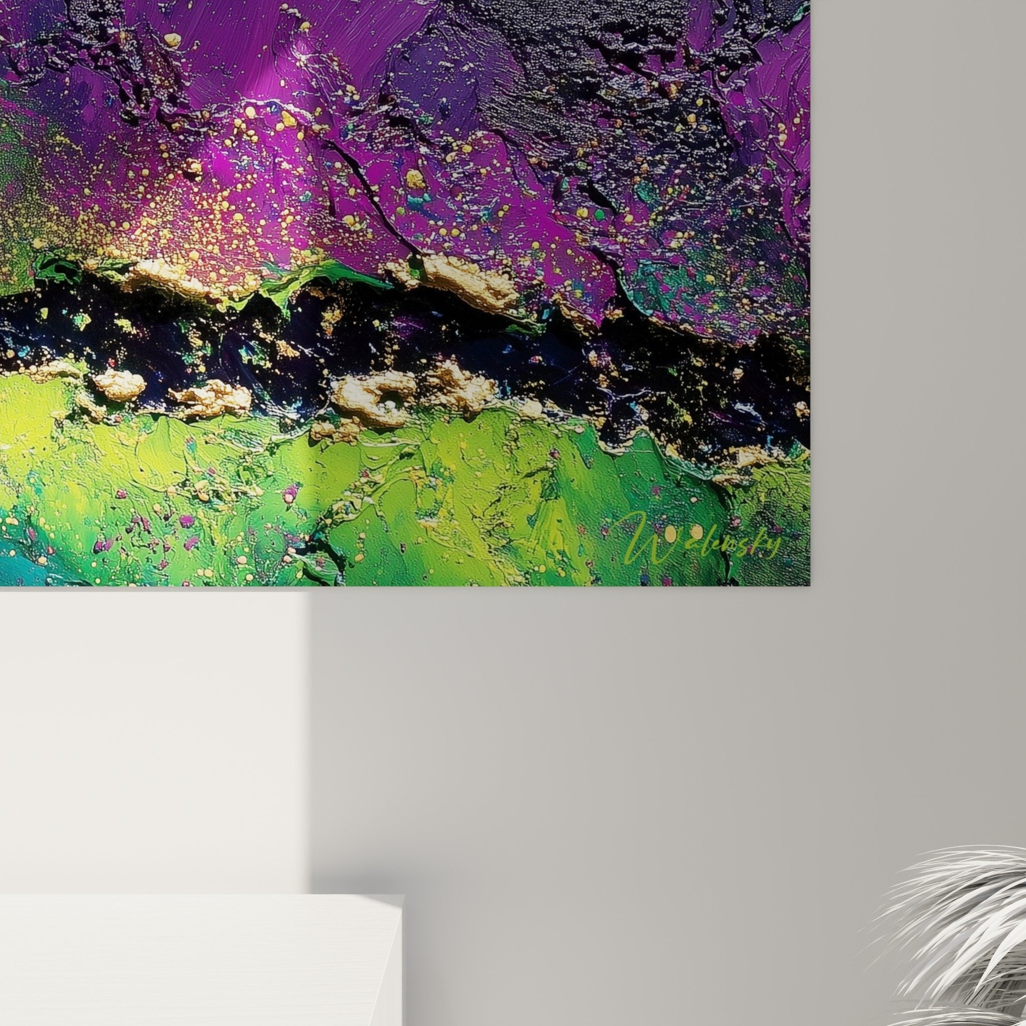 Overview panoramic abstract painting purple green lime feng shui wall decor
