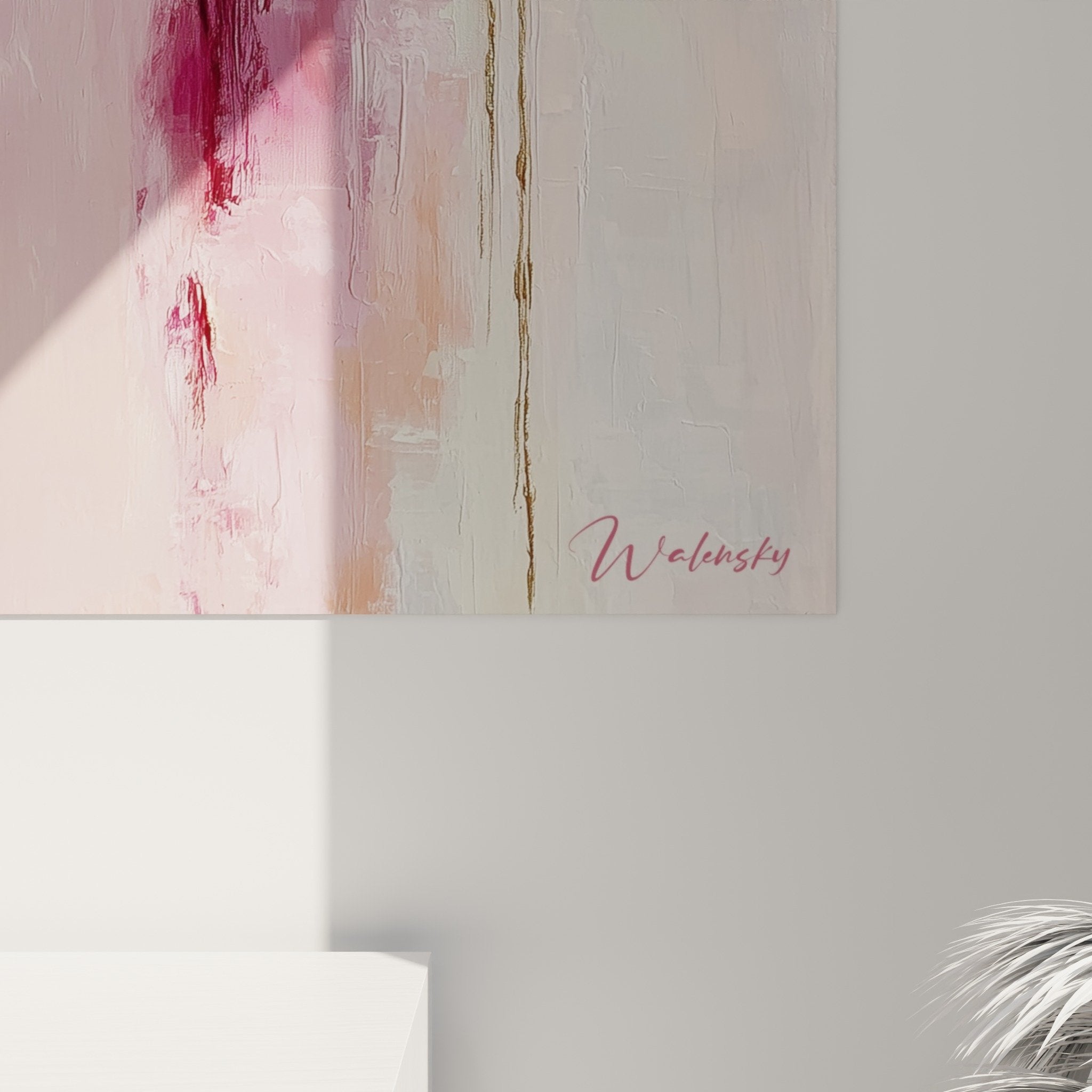 Perspective view of abstract rose gold artwork revealing depth and light play on gilded finishes