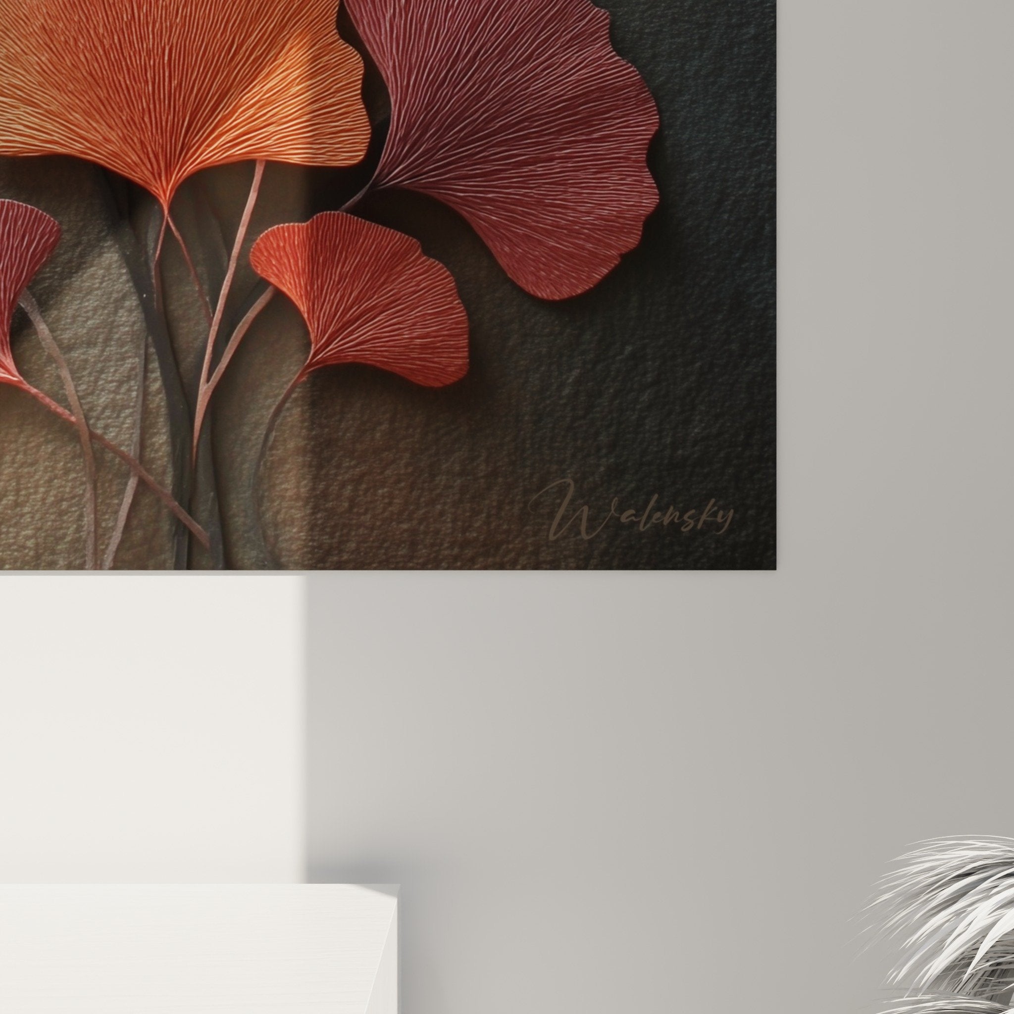 Vue perspective tableau Ginkgo relief feuilles cascade automnale tons chauds composition murale decoration