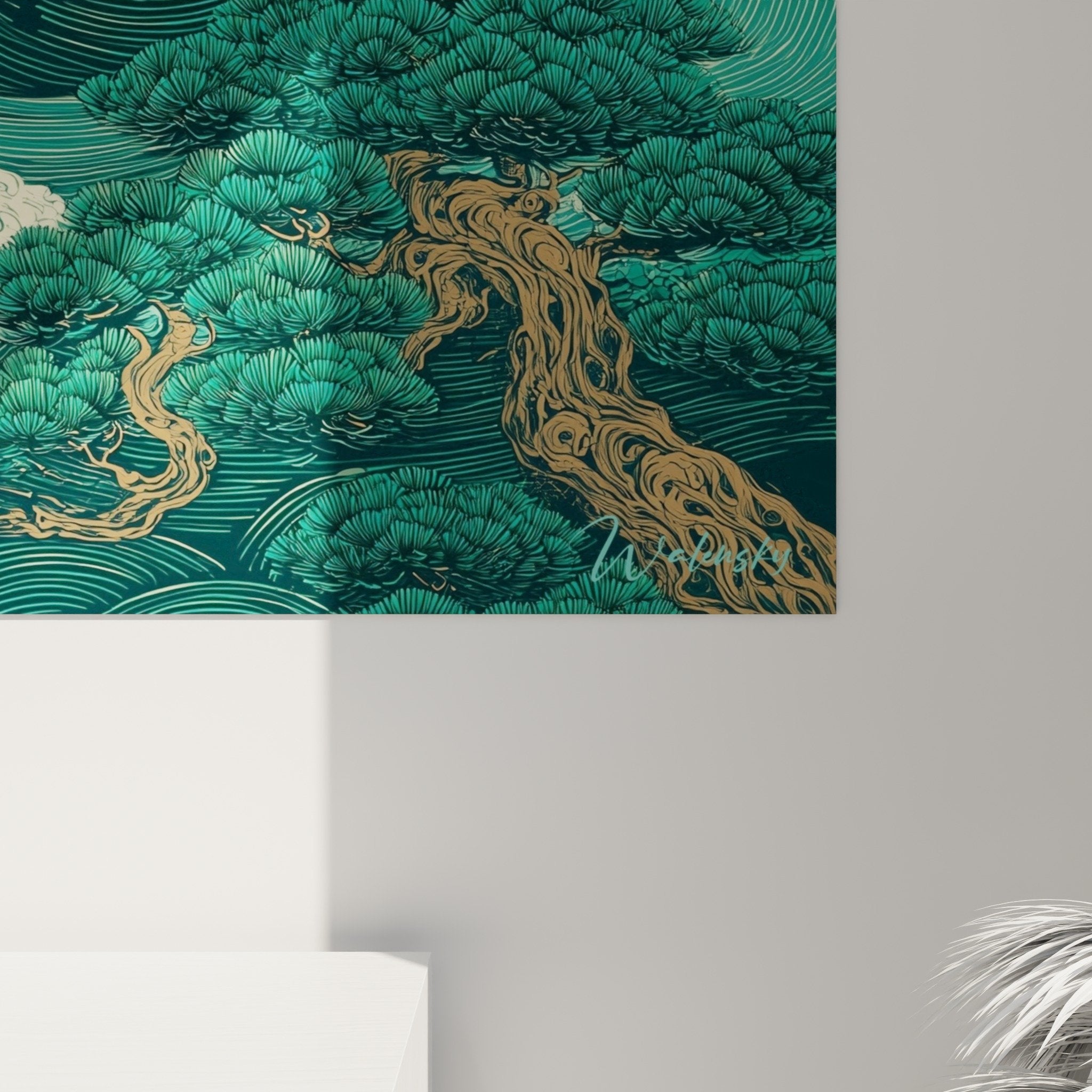 Gesamtansicht Wandbild Wolken Türkis Wanddekoration asiatischer Stil Feng Shui Holz