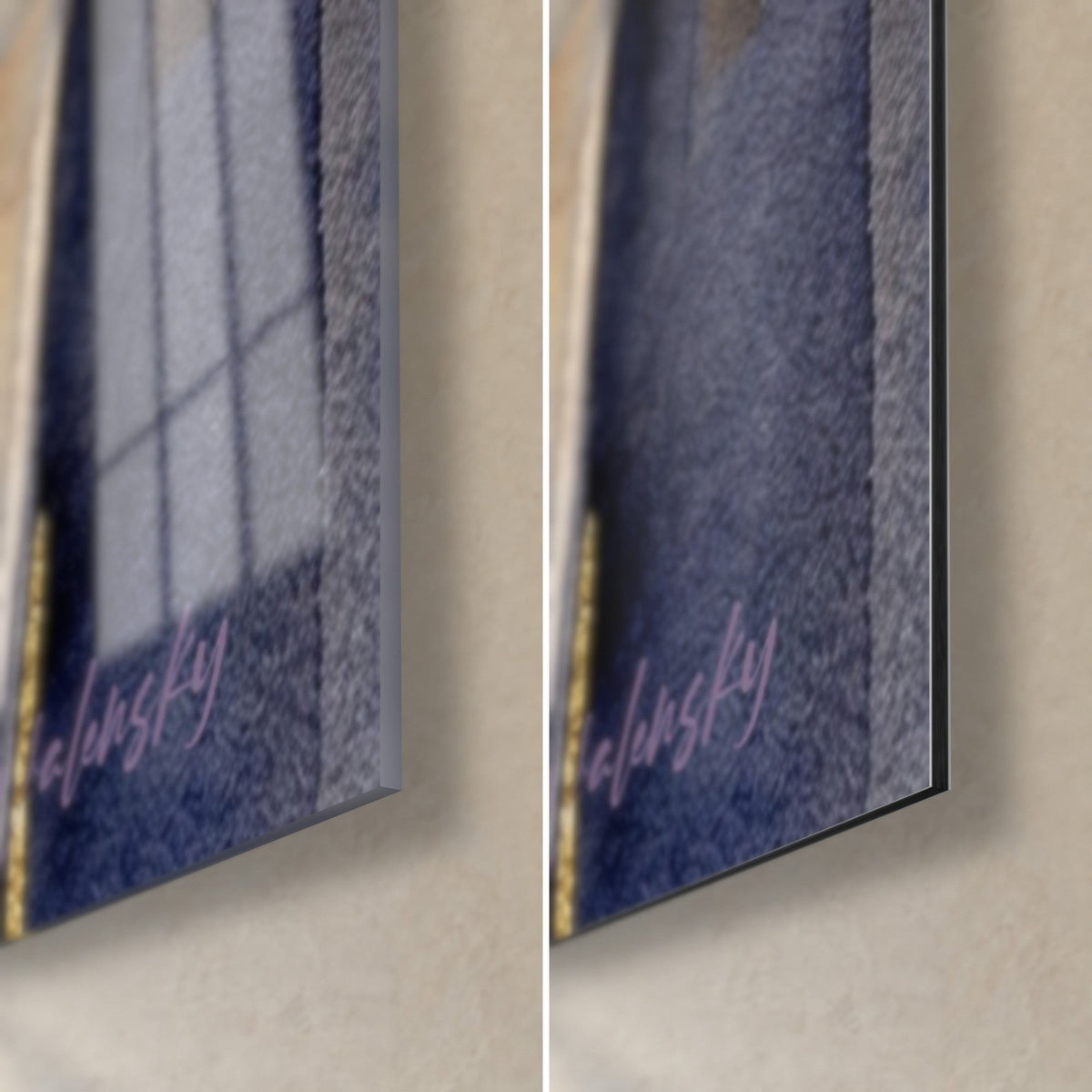 Schilderij stel in silhouet, rechtsonder: glanzend acrylglas links, mat aluminium Dibond rechts, nachtblauw en goud, rand van 3 mm