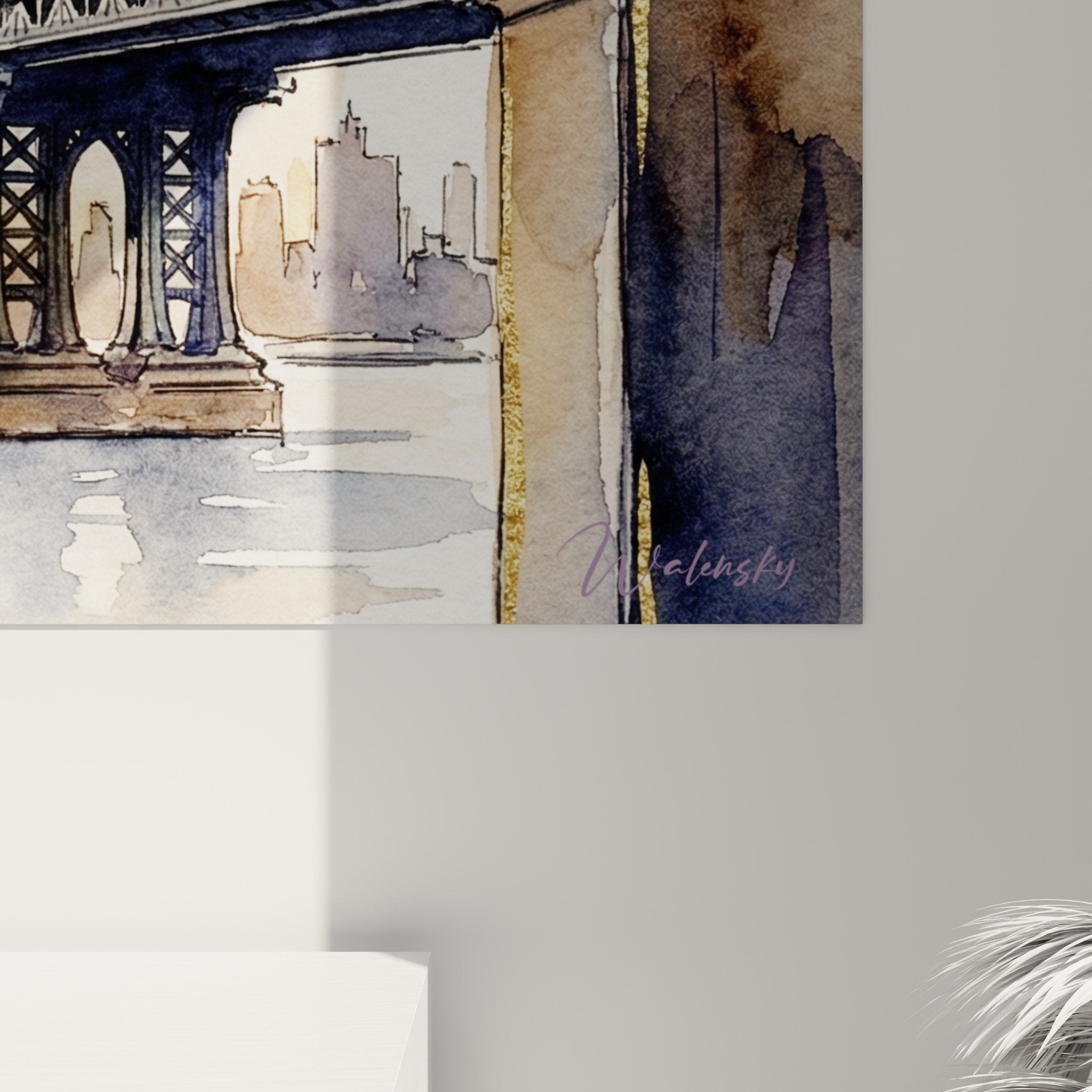 Vue ensemble aquarelle pont Brooklyn encadre arche pierre atmosphere romantique coucher soleil tons ocres bleus