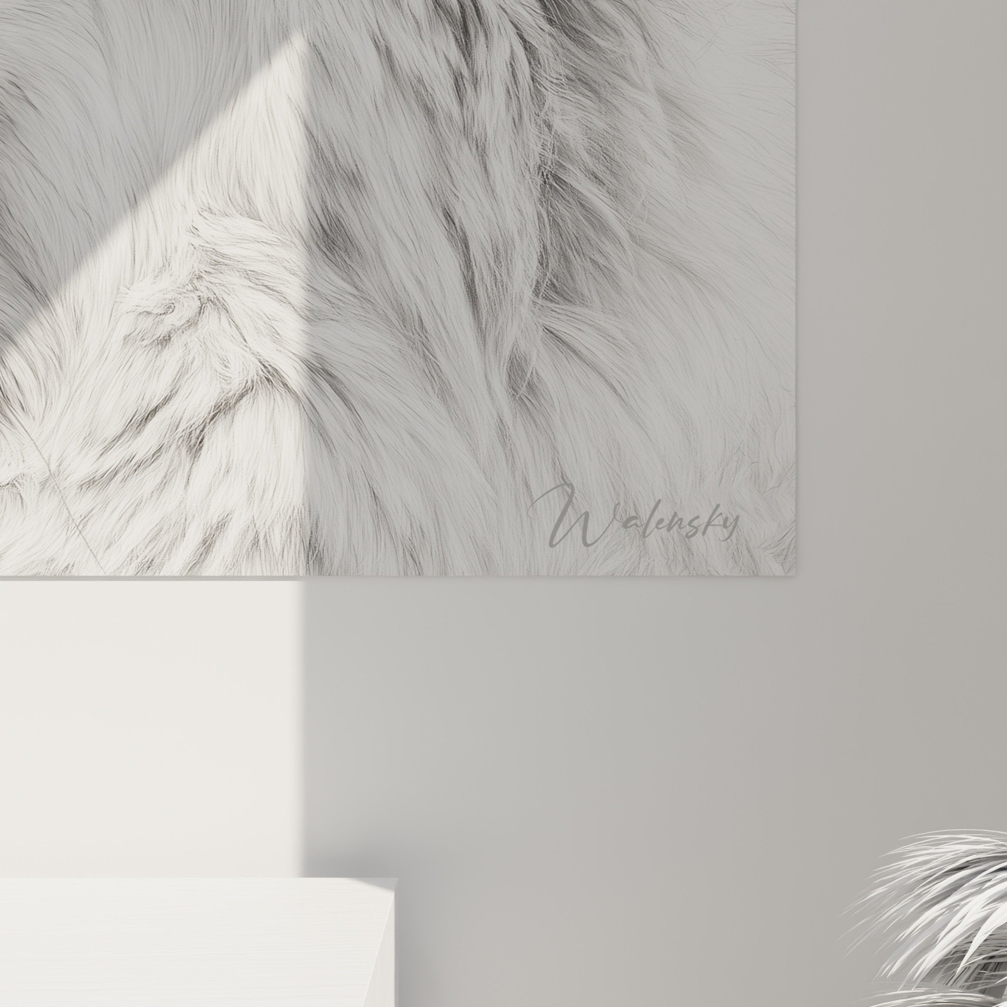 Vue ensemble portrait berger blanc suisse noir blanc salon decoration murale contemporaine epuree