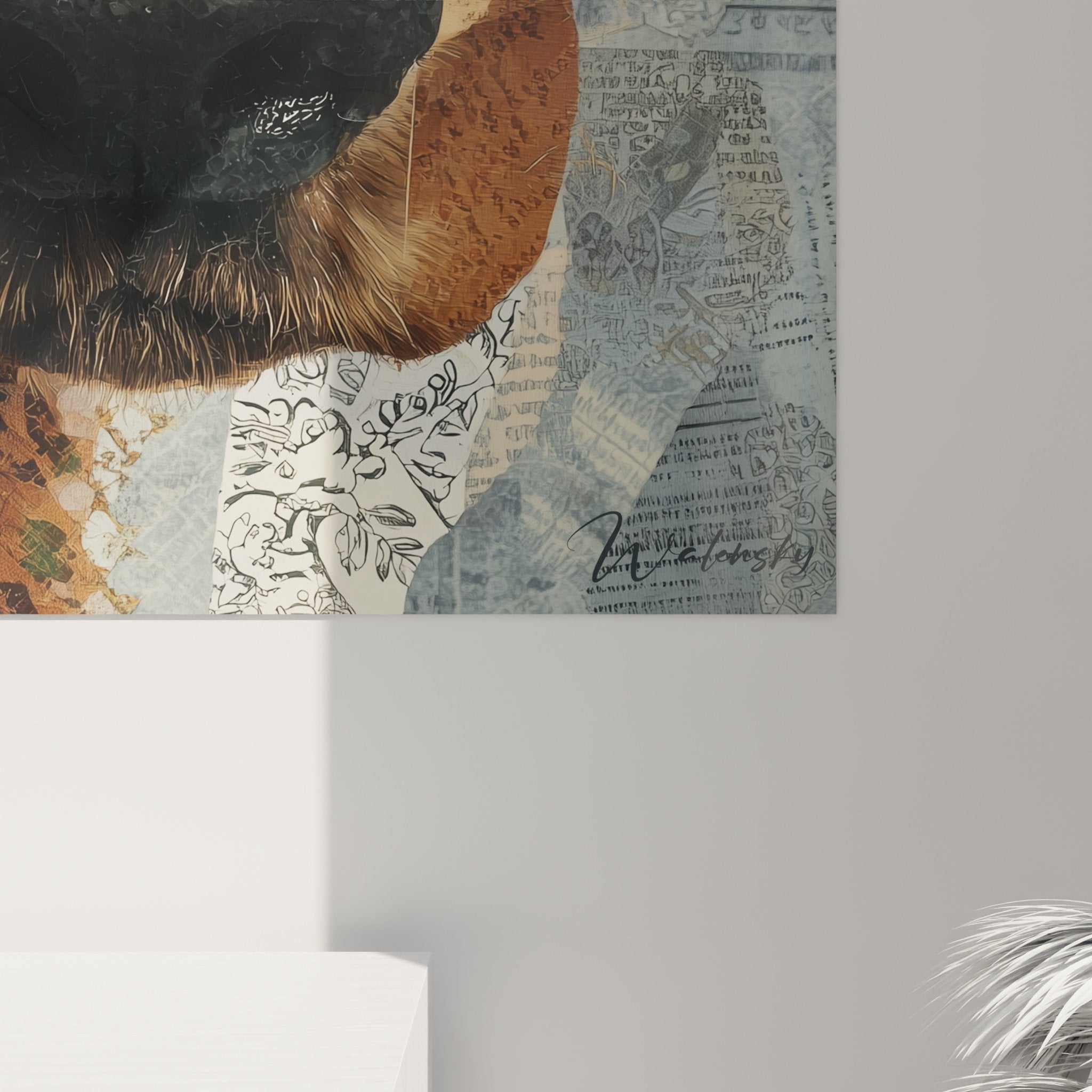 Vue ensemble portrait chien roux technique collage papier journal decoration interieur moderne