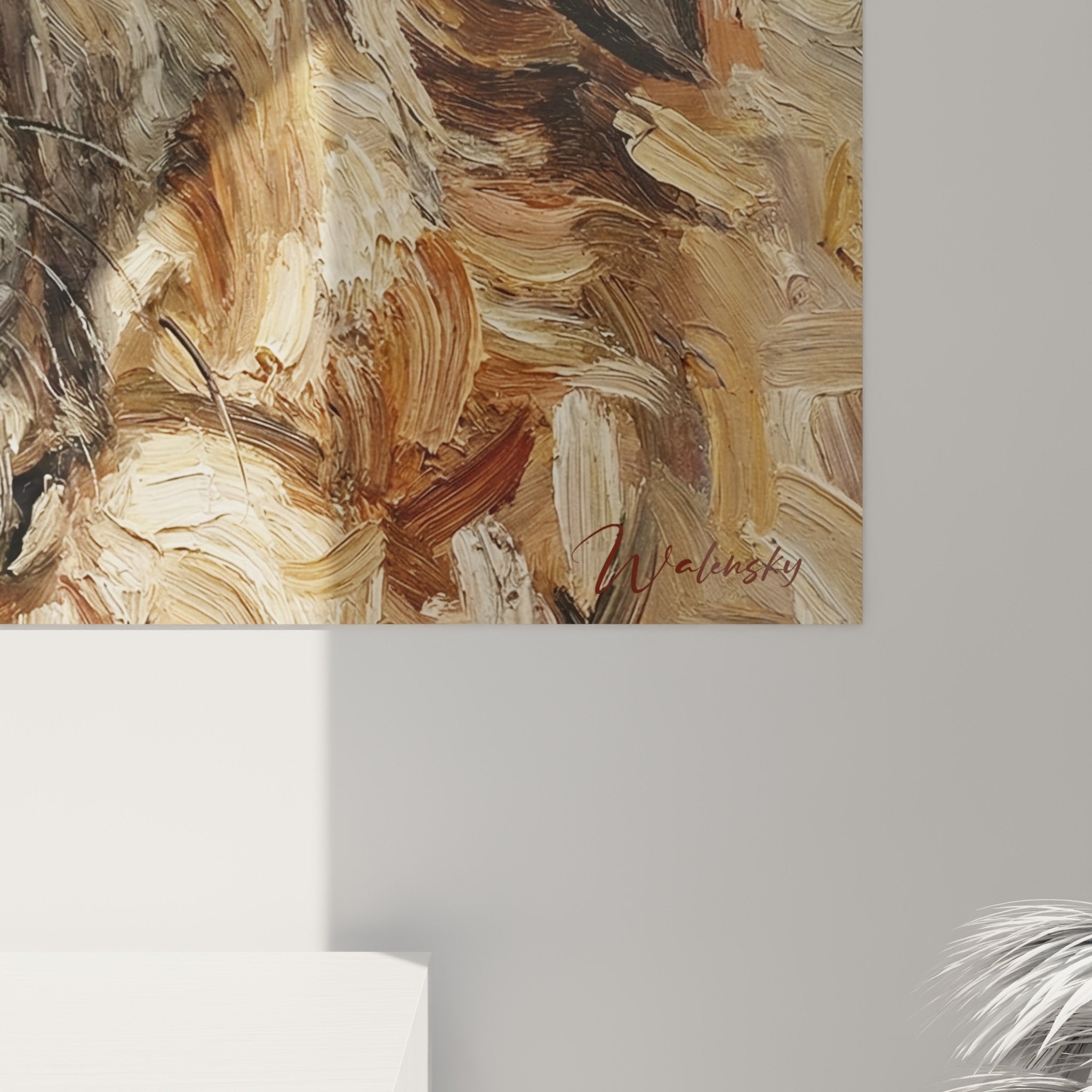 Gesamtansicht Porträt Hund in Goldtönen Inneneinrichtung Wandbild Tierkunst
