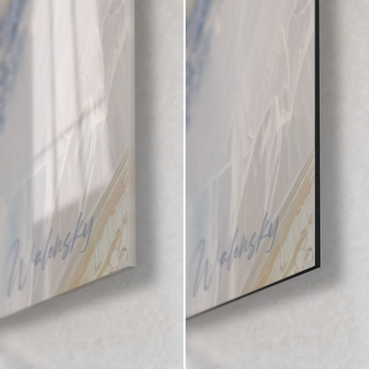 Wall art greyhound painted in oil, bottom right corner in glossy acrylic glass and matte Dibond aluminium, blue signature, 3 mm edge