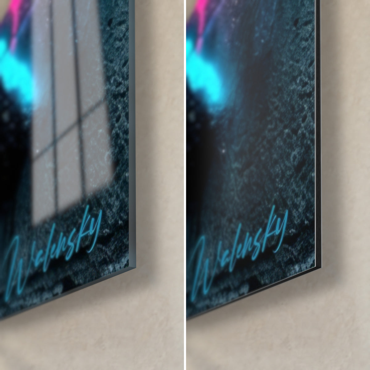 Gemälde Neon-Profil eines Bärtigen, untere rechte Ecke: glänzendes Acrylglas mit Fensterreflexen und mattes schwarzes Dibond, türkisfarbene Signatur