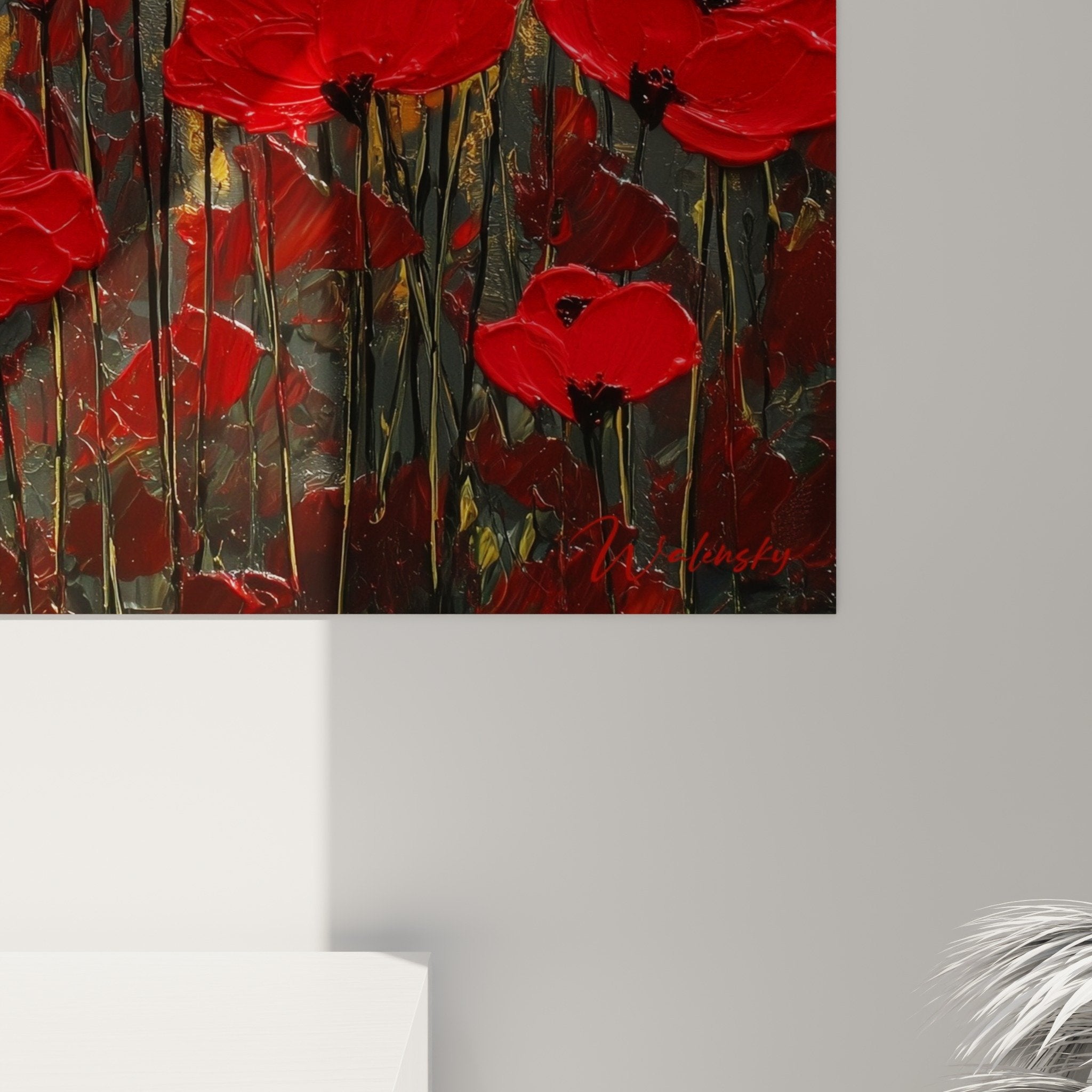 Overall view floral painting red and gold poppies living room feng shui decoration