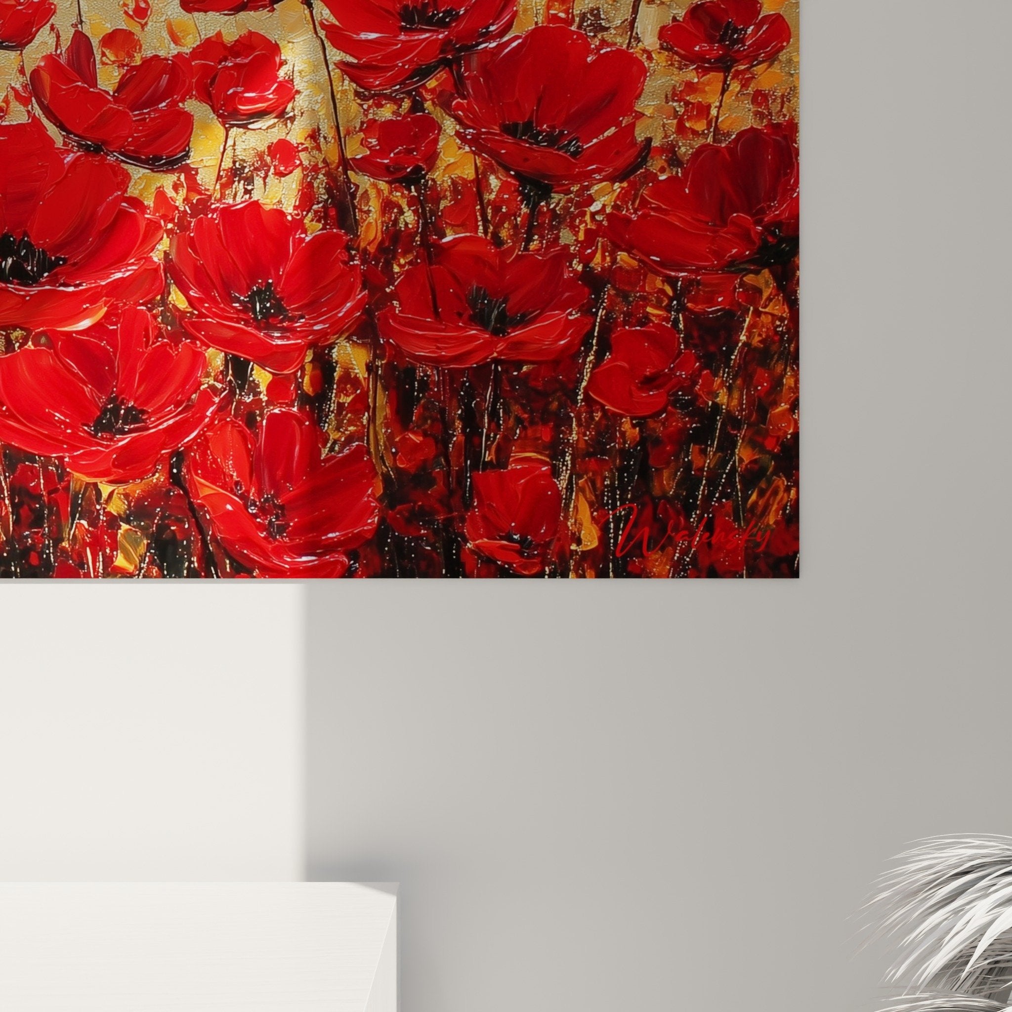 Vue ensemble tableau panoramique coquelicots rouges salon moderne murs clairs feng shui sud feu decoration murale