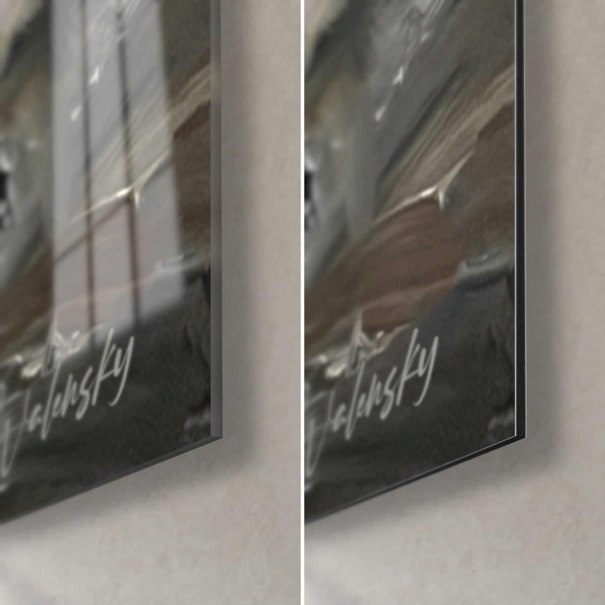 Quadro felino nero, angolo in basso a destra: vetro acrilico lucido con riflessi, Dibond grigio opaco, spessore di 3 mm e firma Walensky