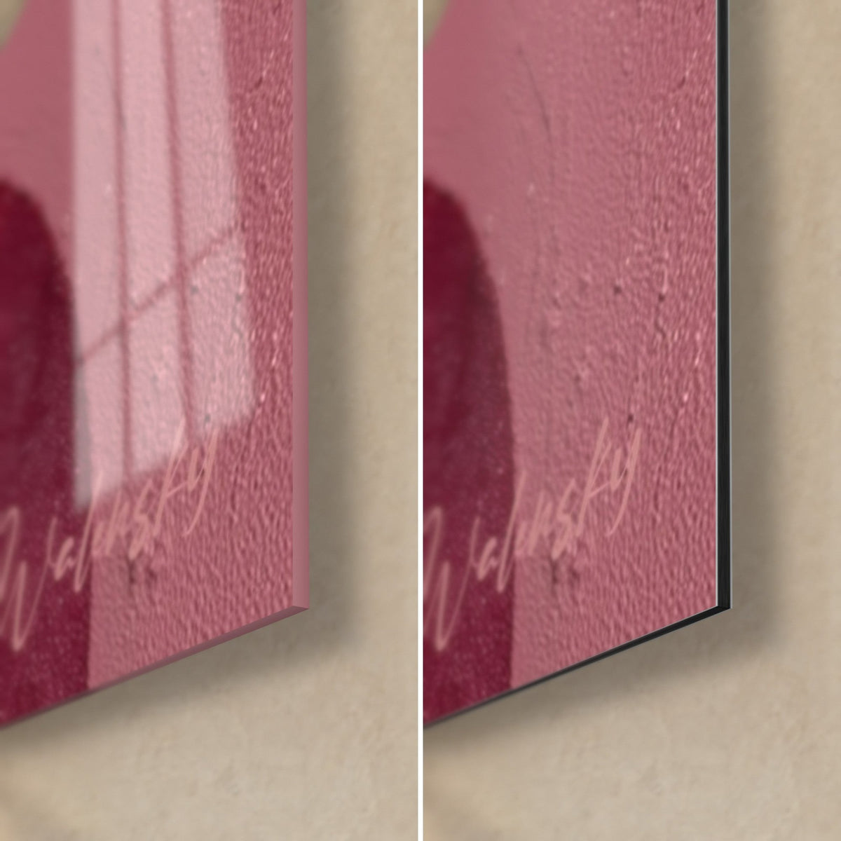 Gemälde Halbkreis in Puderrosa, untere rechte Ecke: glänzendes Acrylglas mit Spiegelung des Fensters, mattschwarzes Dibond, 3 mm Kante
