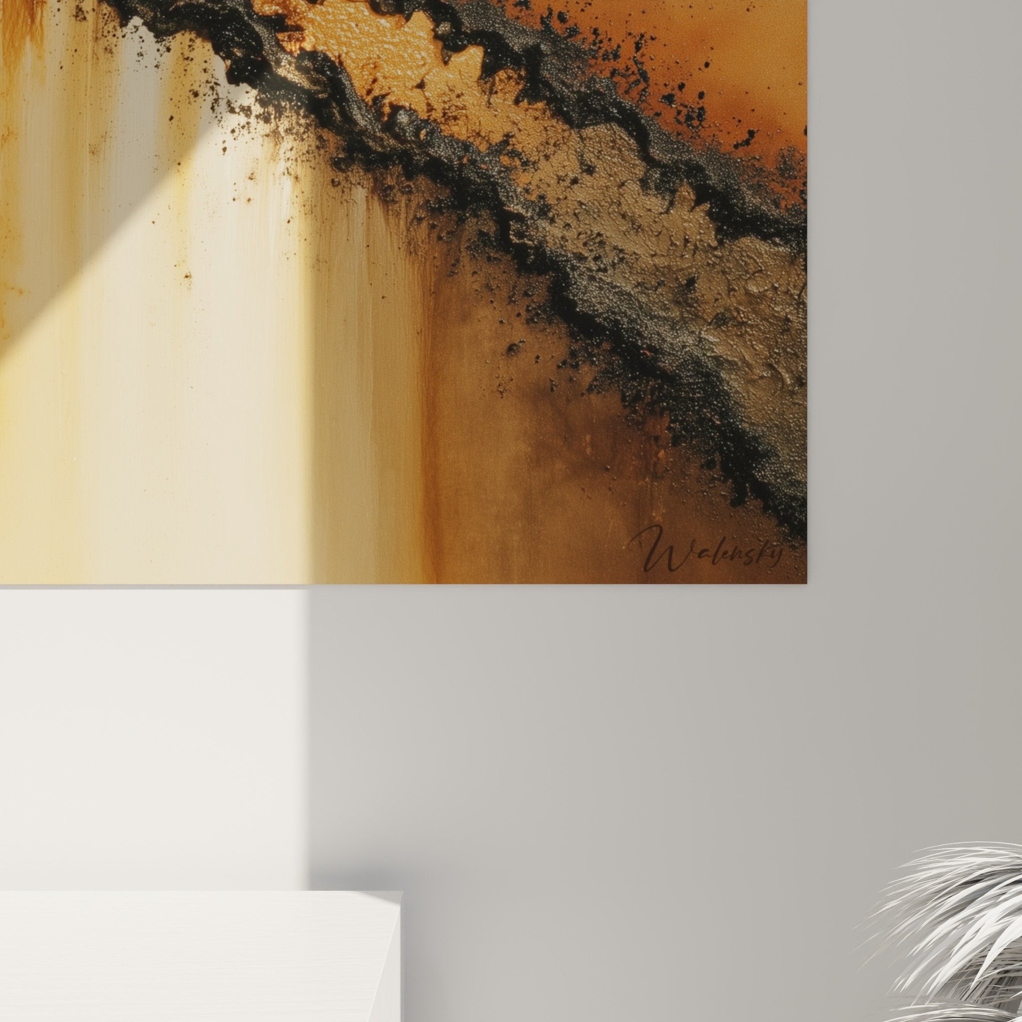 Vue ensemble tableau abstrait orange mur salon, decoration feng shui centre terre contemporaine