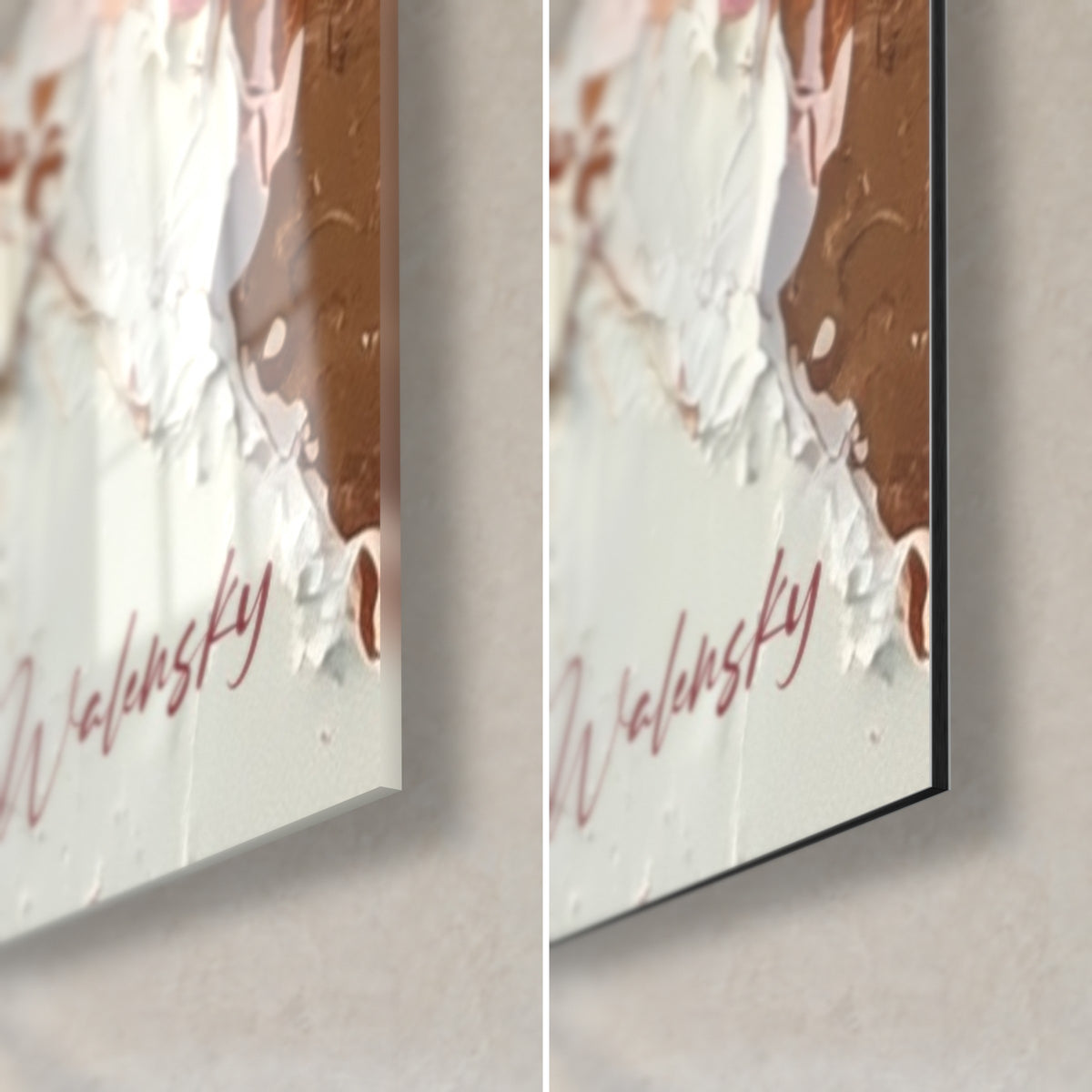 Wall art Abstract piece in pink and burgundy, lower right corner: glossy acrylic glass on the left, matte Dibond on the right, 3 mm edge