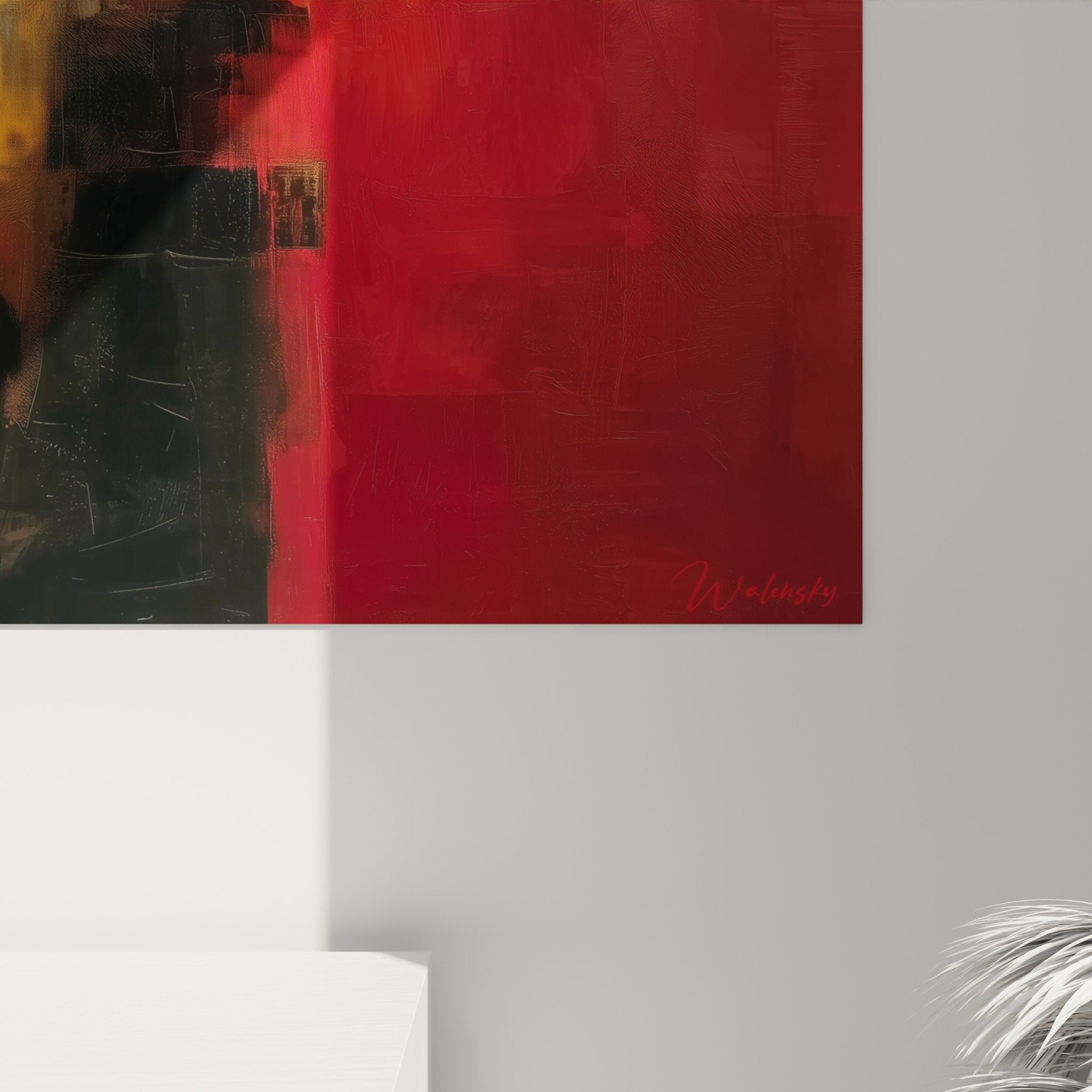 Full view abstract painting warm colors contemporary living room artistic wall decoration