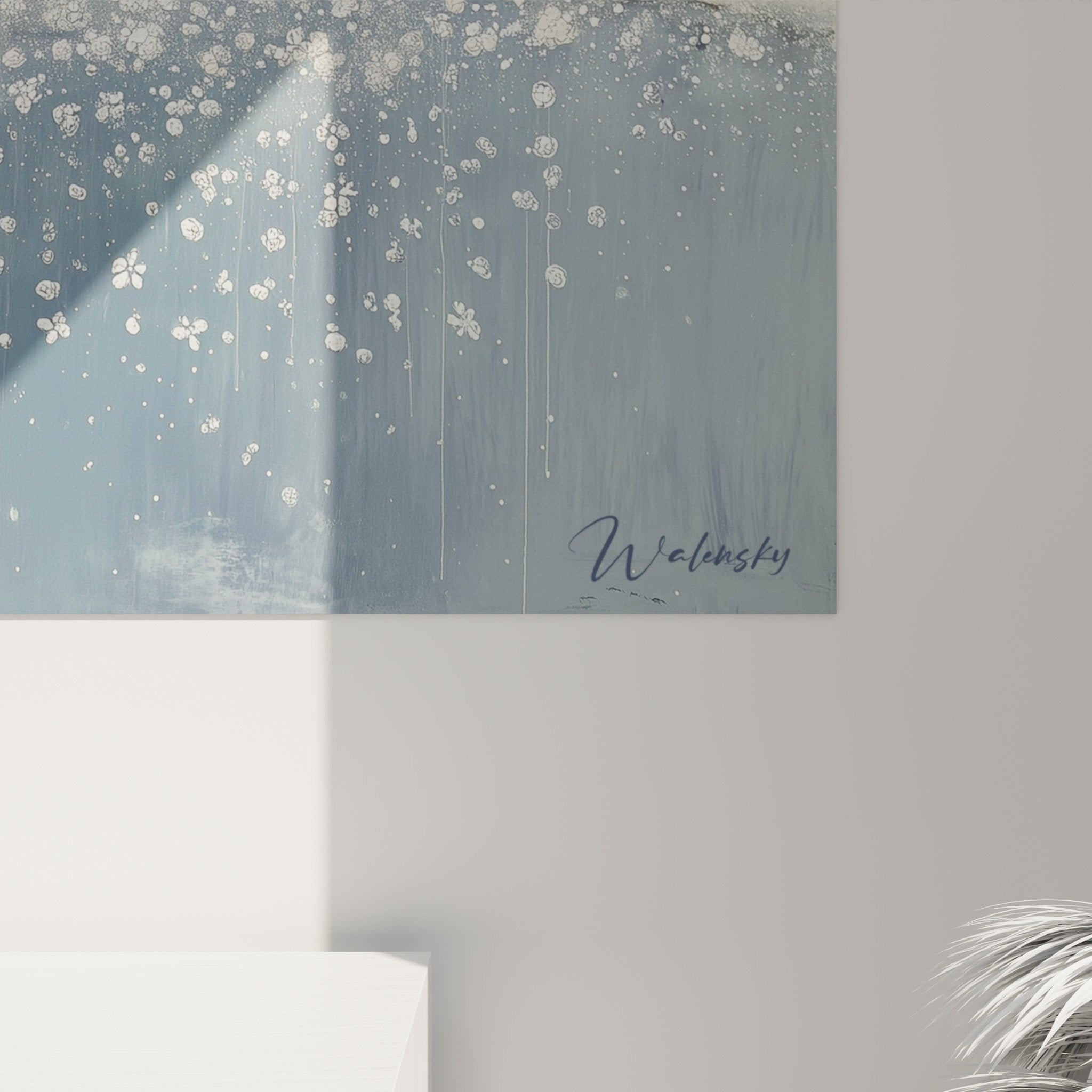 Overall view abstract blue beige wall art modern living room décor feng shui west metal