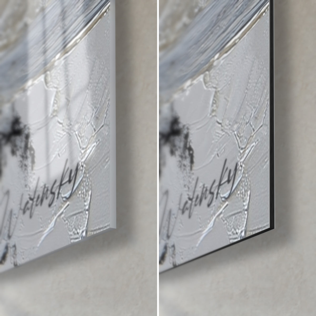 Quadro con anello argentato in rilievo, angolo in basso a destra: vetro lucido riflettente, Dibond opaco grigio chiaro e nero, bordo di 3 mm