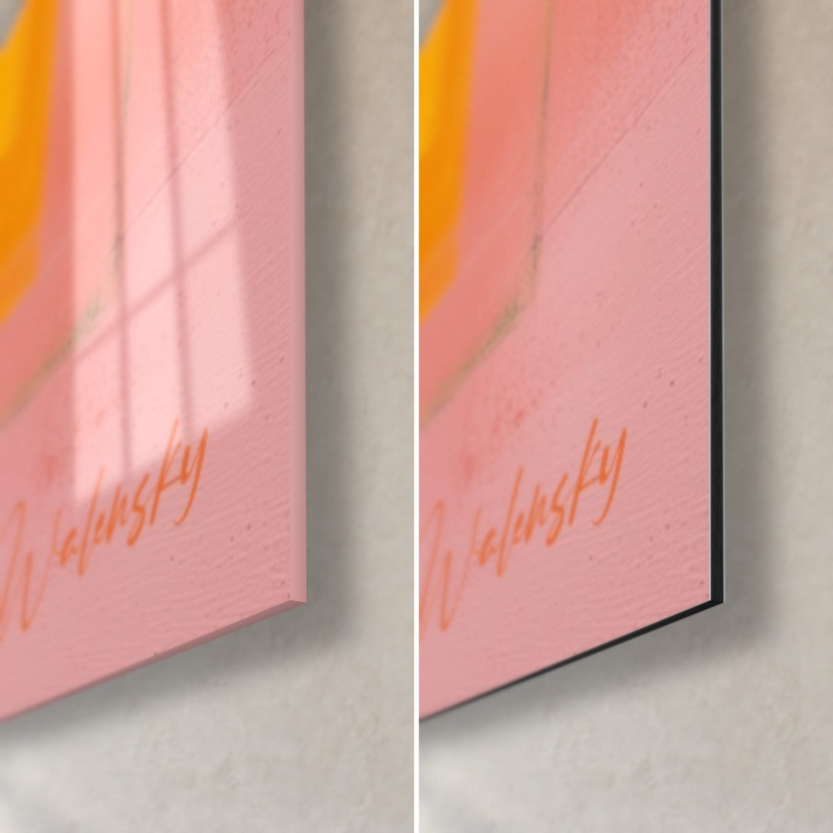Wall art abstract composition in pink and golden yellow, bottom right corner in glossy glass and matte Dibond aluminium, 3 mm edge