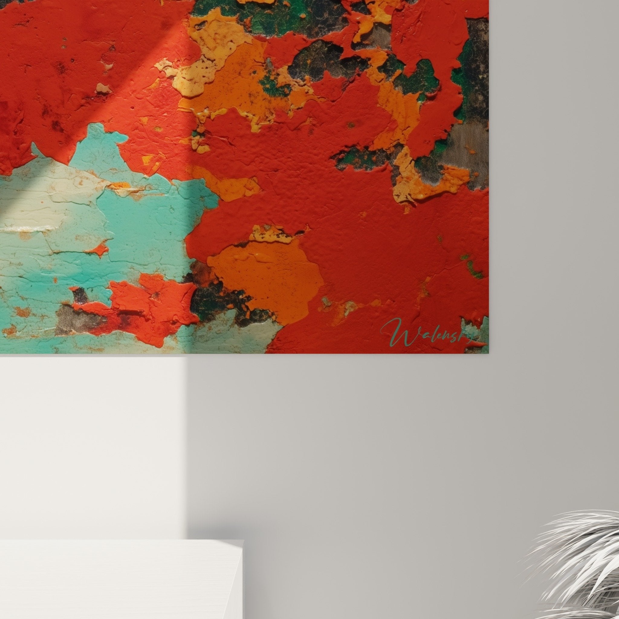 Vue ensemble tableau abstrait rouge turquoise salon contemporain decoration feng shui sud feu