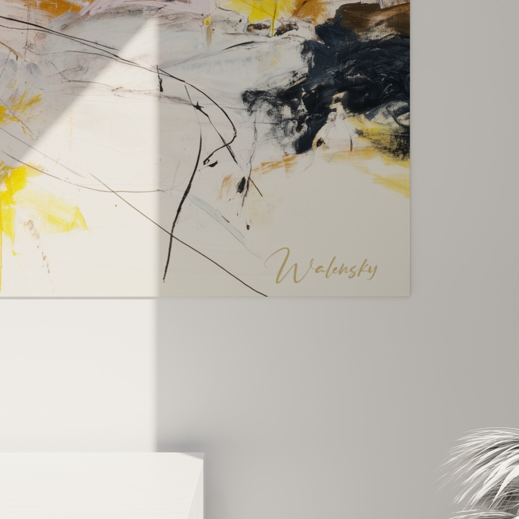 Abstract purple and ochre artwork living room modern decor feng shui southeast wood harmonious
