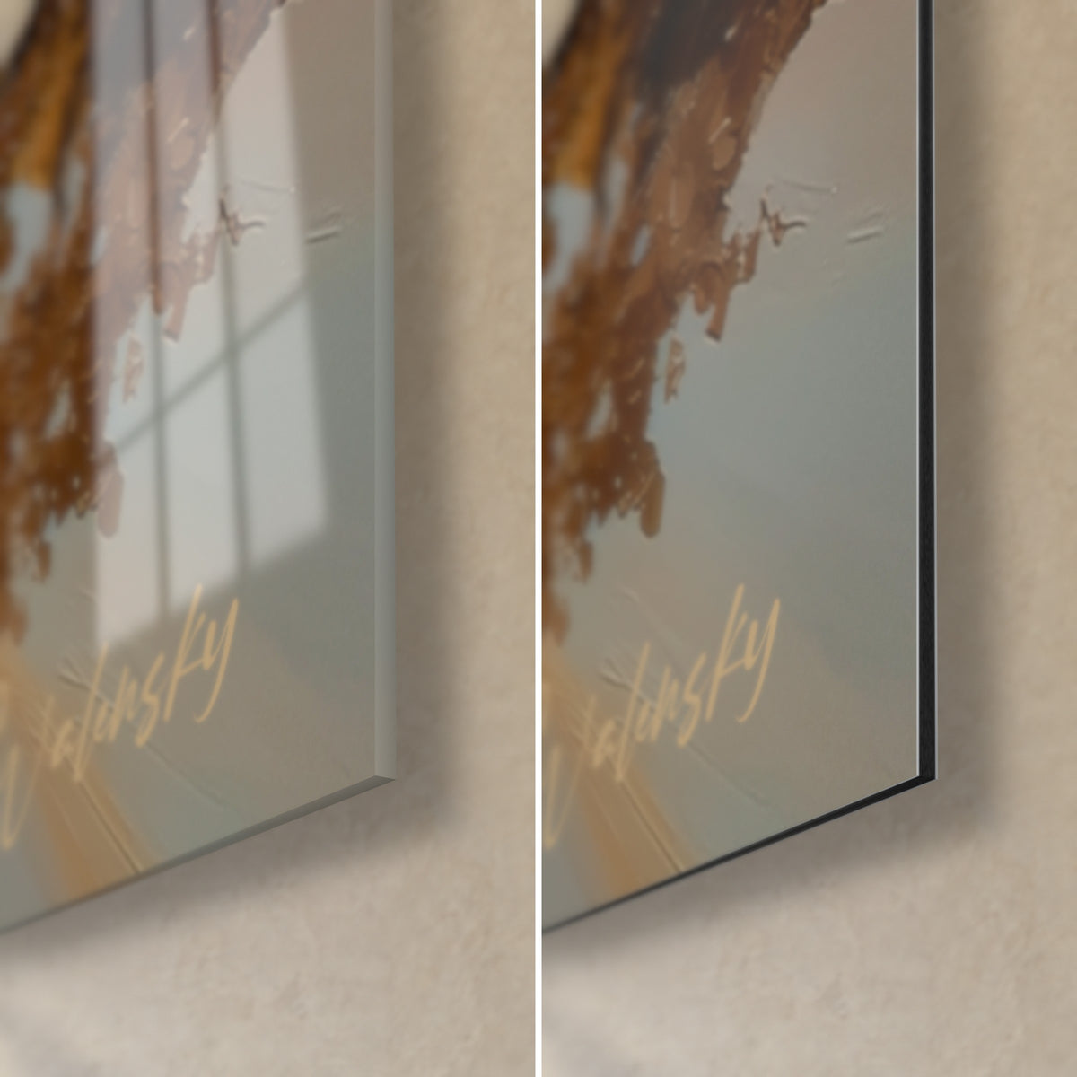 Wall art of a tree with ochre and brown branches, bottom right corner: glossy acrylic glass reflecting the window, matte Dibond aluminium, 3 mm edge