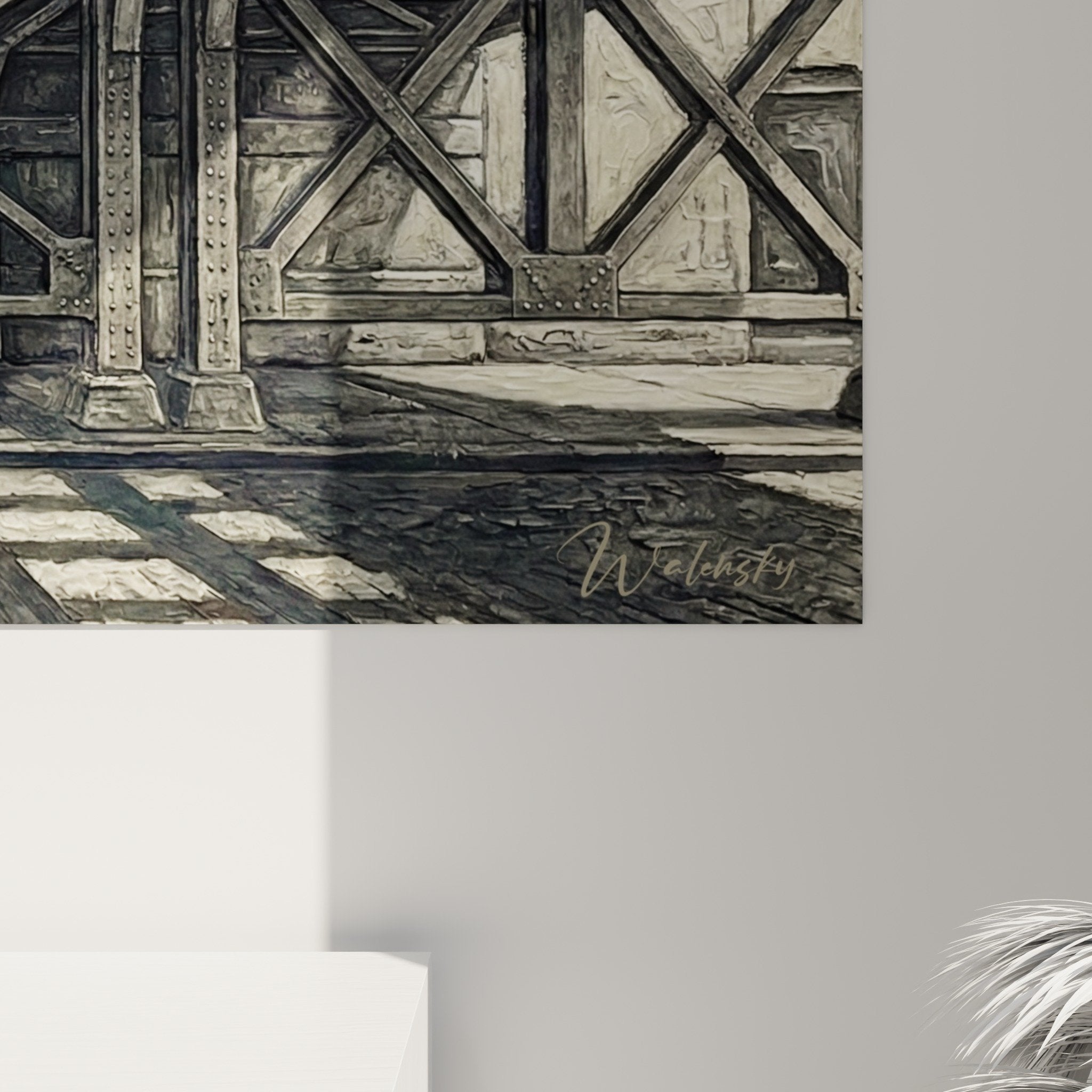 Vue ensemble tableau architecture metallique salon contemporain decoration murale