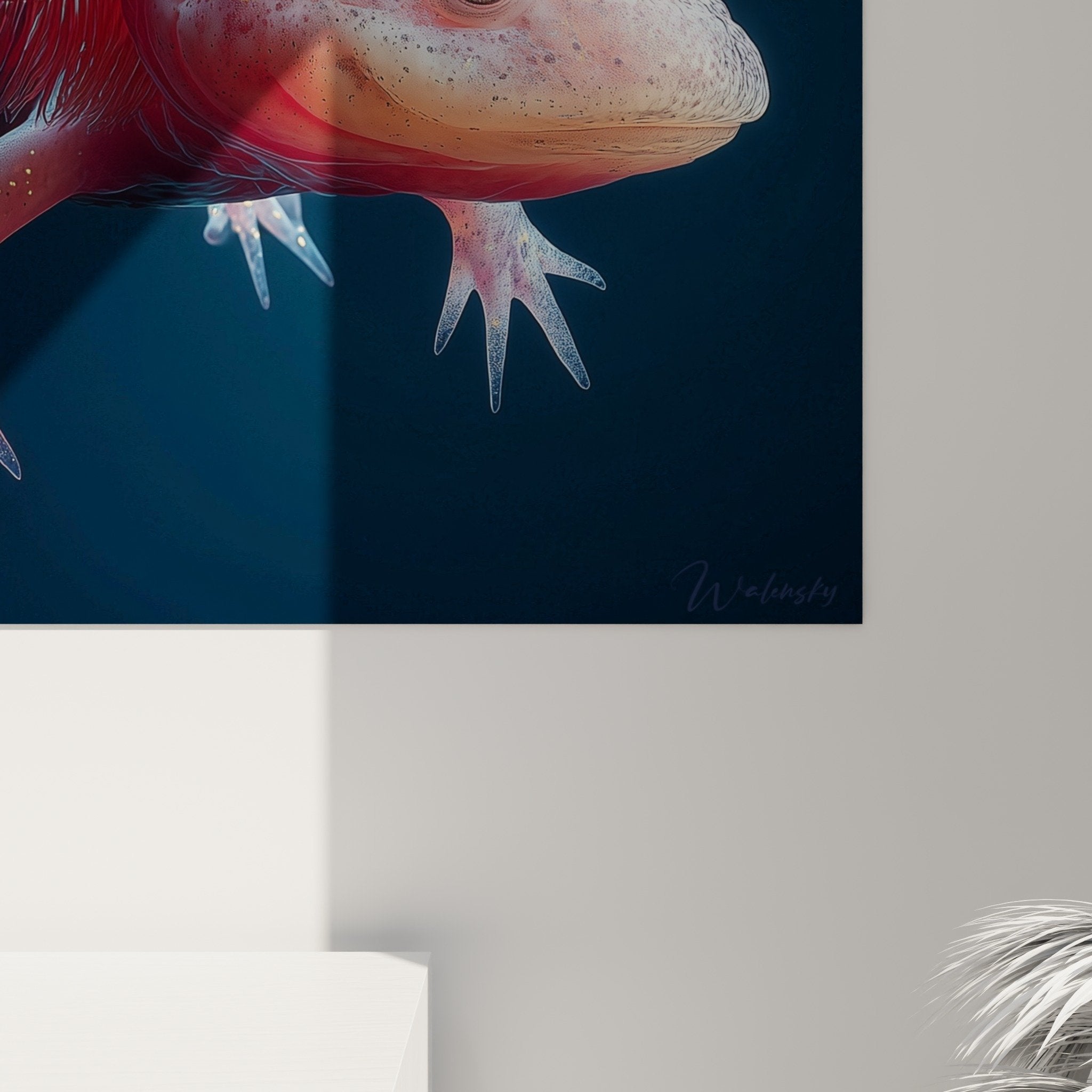 Vue d'ensemble tableau axolotl dans salon moderne - décoration murale nature et science