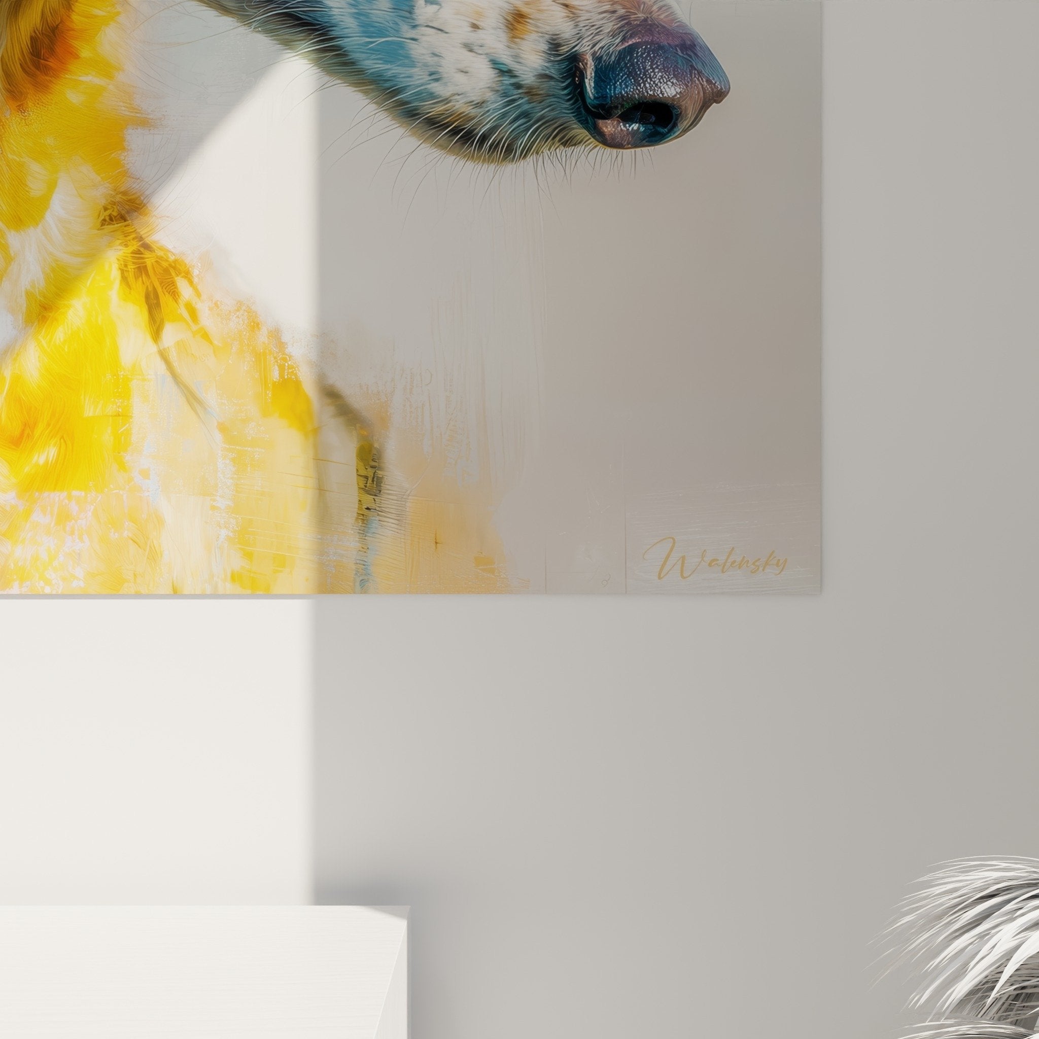 Vue d'ensemble du tableau portrait Barzoi dans salon moderne, harmonisant tons chauds et froids contemporains