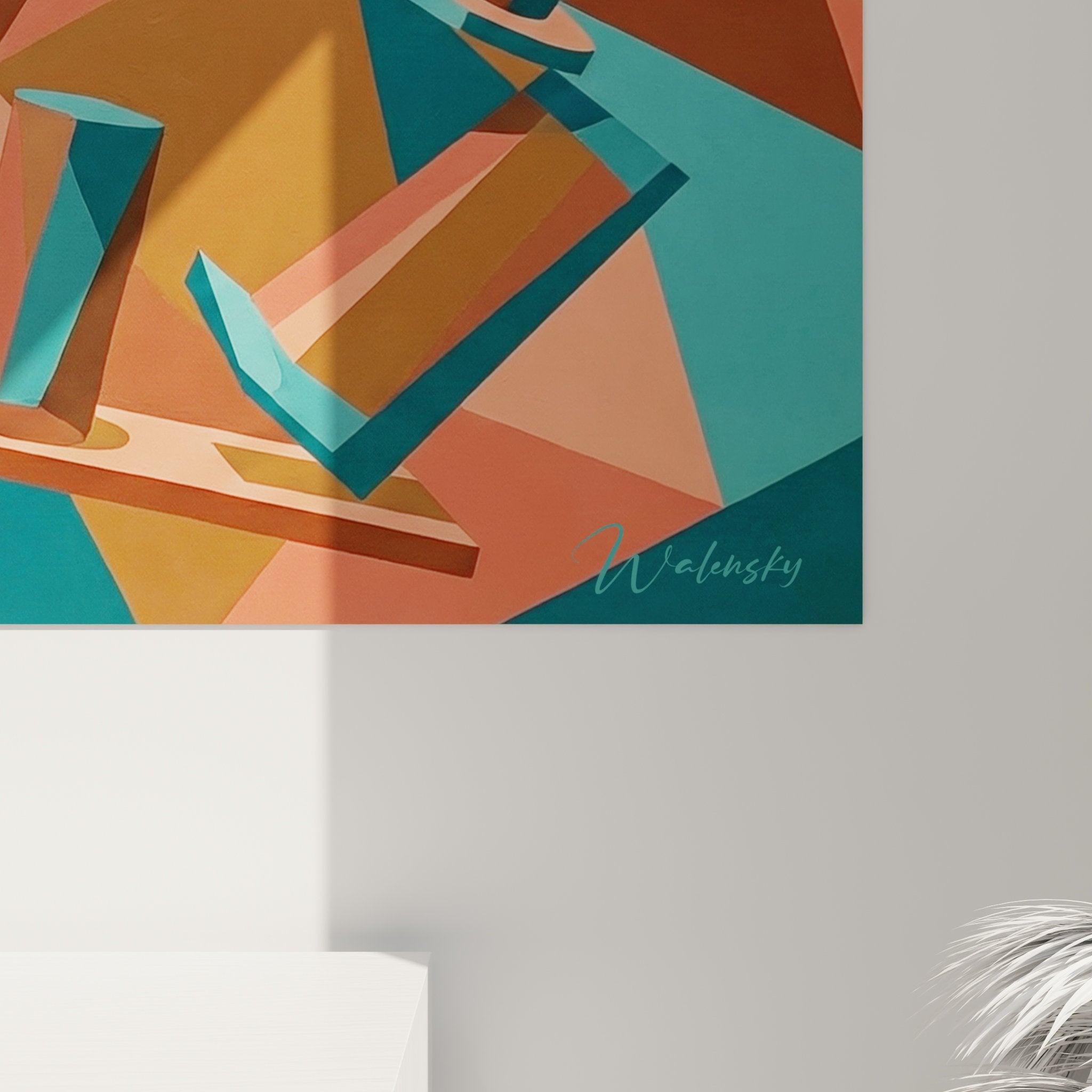 Gesamtansicht geometrisches Basenji Wandbild modernes Wohnzimmer Wanddekoration zeitgenössische Kunst lebendige Farben