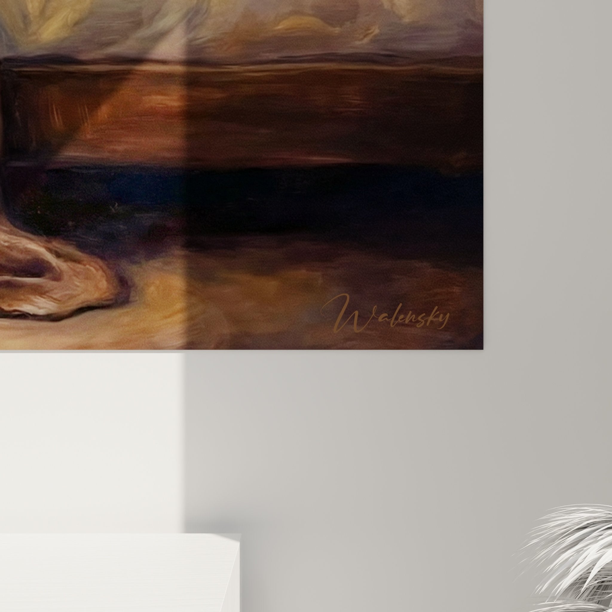 vue ensemble tableau basset hound salon décoration murale canapé beige lumière naturelle