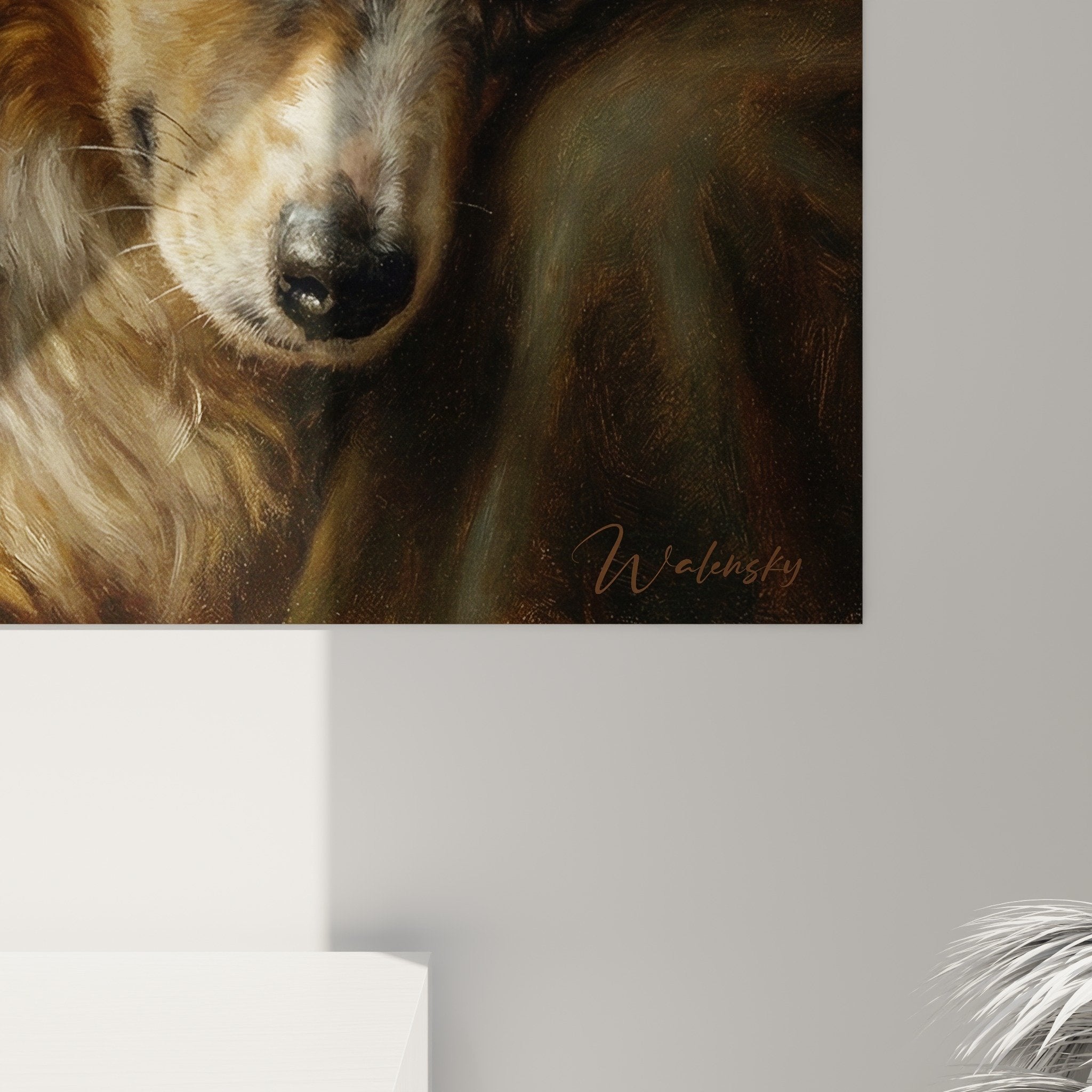 Overview miniature American shepherd painting living room wall decoration warm tones