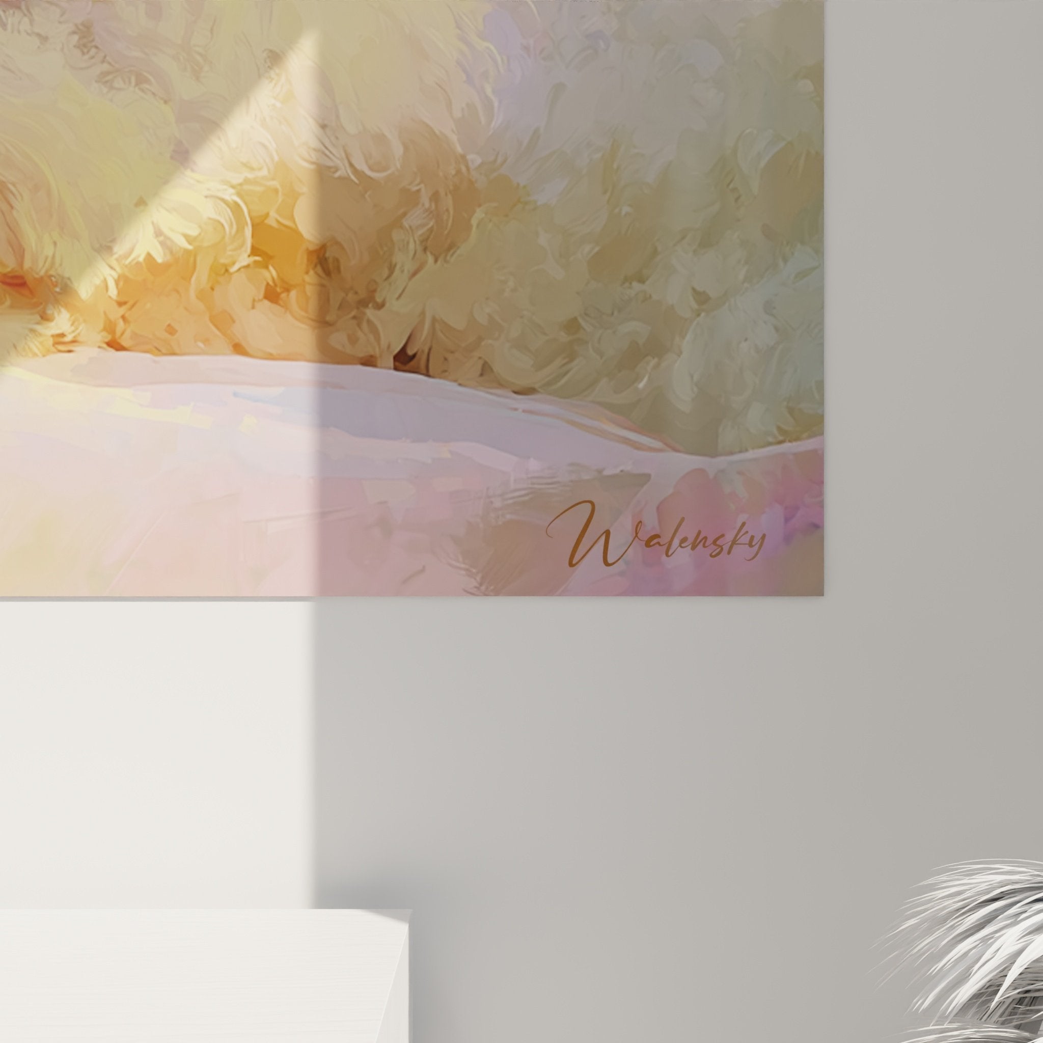 Vue salon tableau Bichon Frisé bain pastel décoration murale art canin ambiance sereine moderne