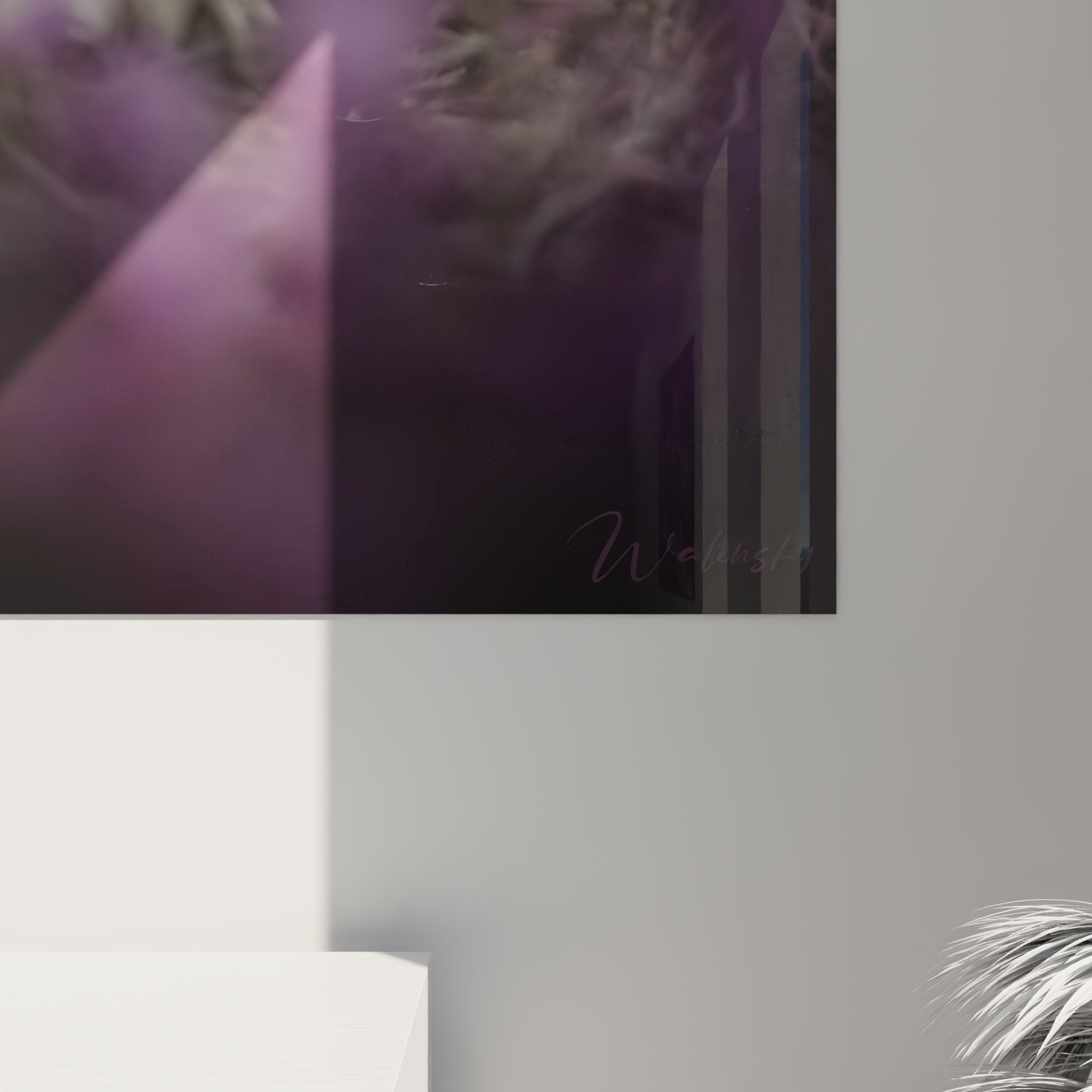 Vue ensemble tableau Border Collie salon moderne murs clairs mobilier contemporain harmonie violette