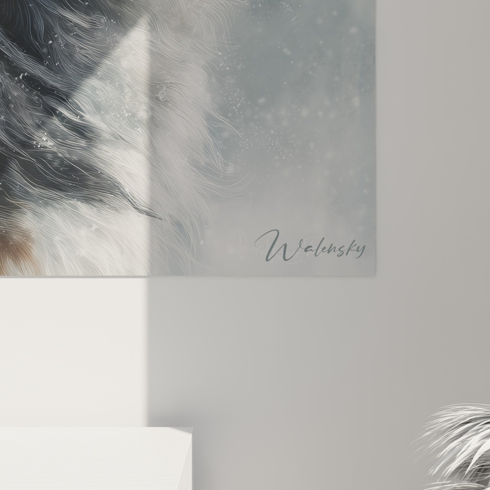 Overview of Bernese Mountain Dog snow painting in minimalist contemporary living room