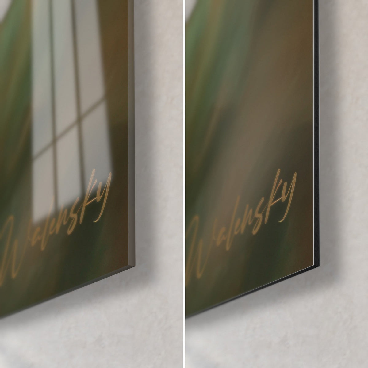 Wall art Briard head, bottom right corner: glossy acrylic glass reflecting the window, matte grey Dibond, thin edge