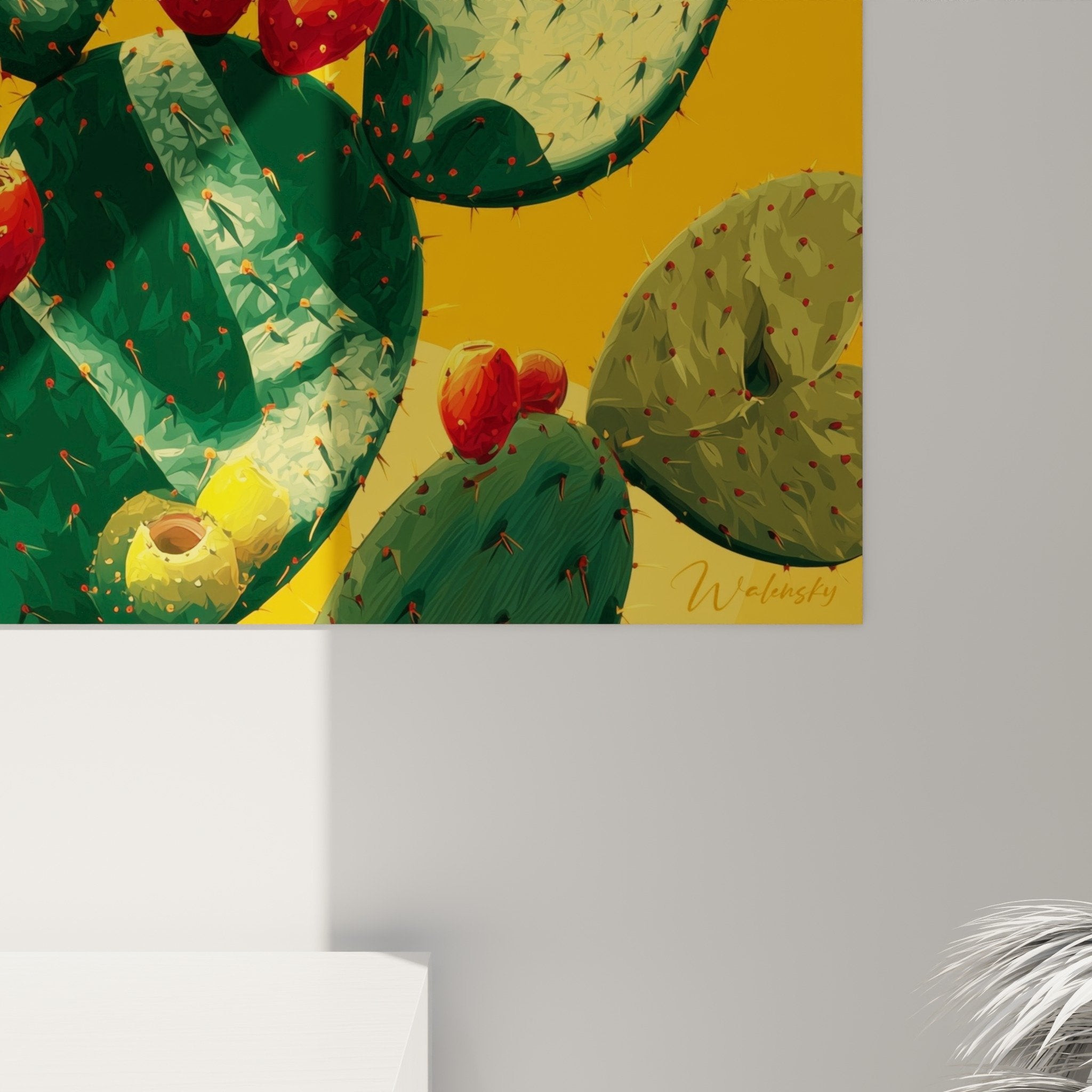 Vue ensemble tableau mural cactus fruits rouges salon décoration méditerranéenne