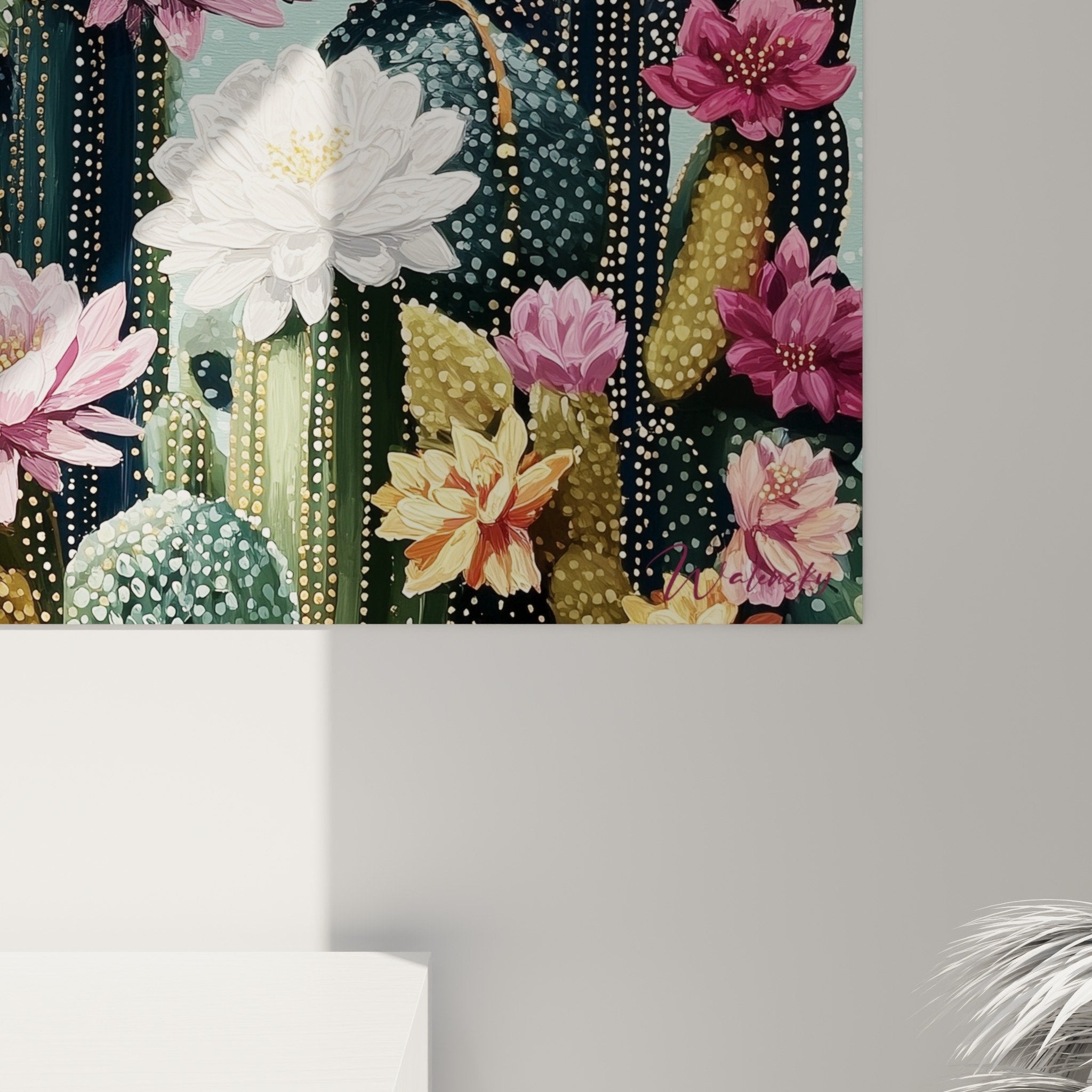 Vue ensemble tableau cactus desert fleuri salon decoration panoramique turquoise
