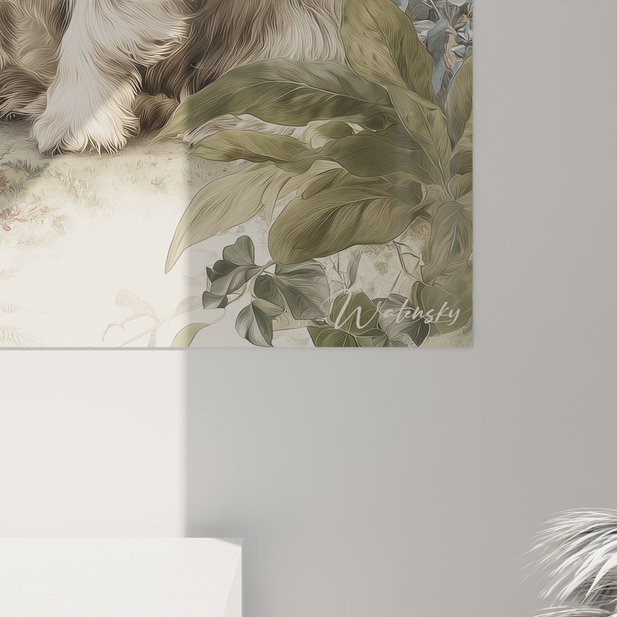 Vue ensemble tableau mural Cairn Terrier dans salon decoration botanique tons naturels beige vert