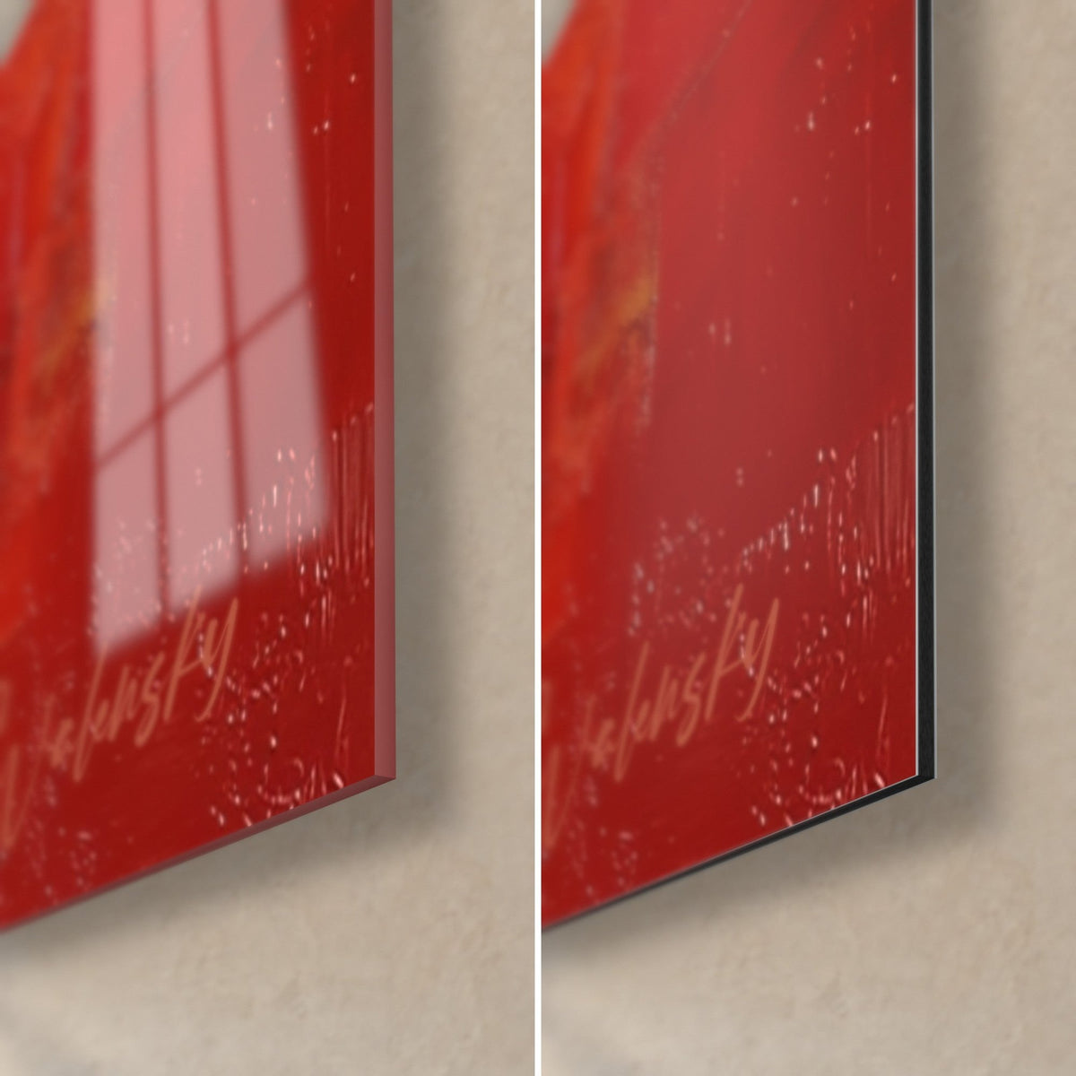 Wall art cream poodle, lower right corner: glossy red acrylic glass reflecting the window, matte Dibond aluminium and black edge