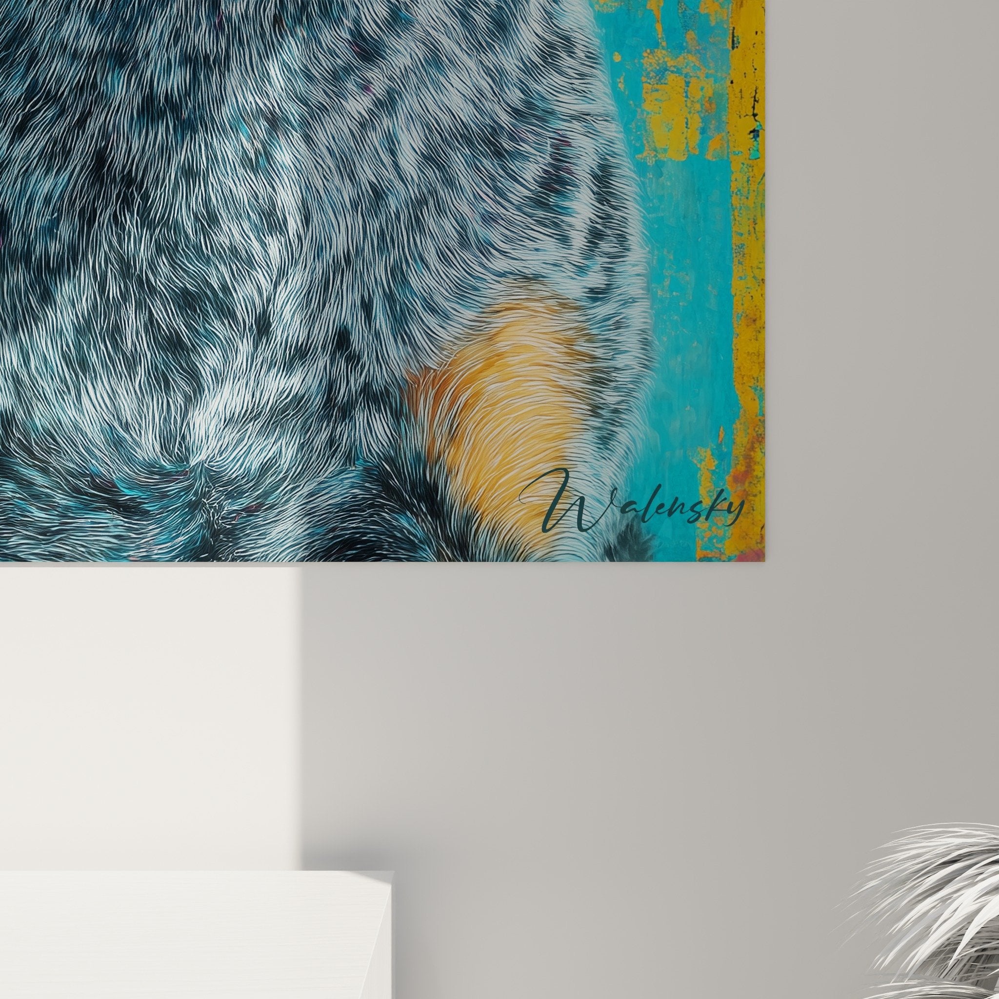 Vue ensemble tableau mural Australian Cattle Dog salon décoration intérieur fond patiné turquoise doré