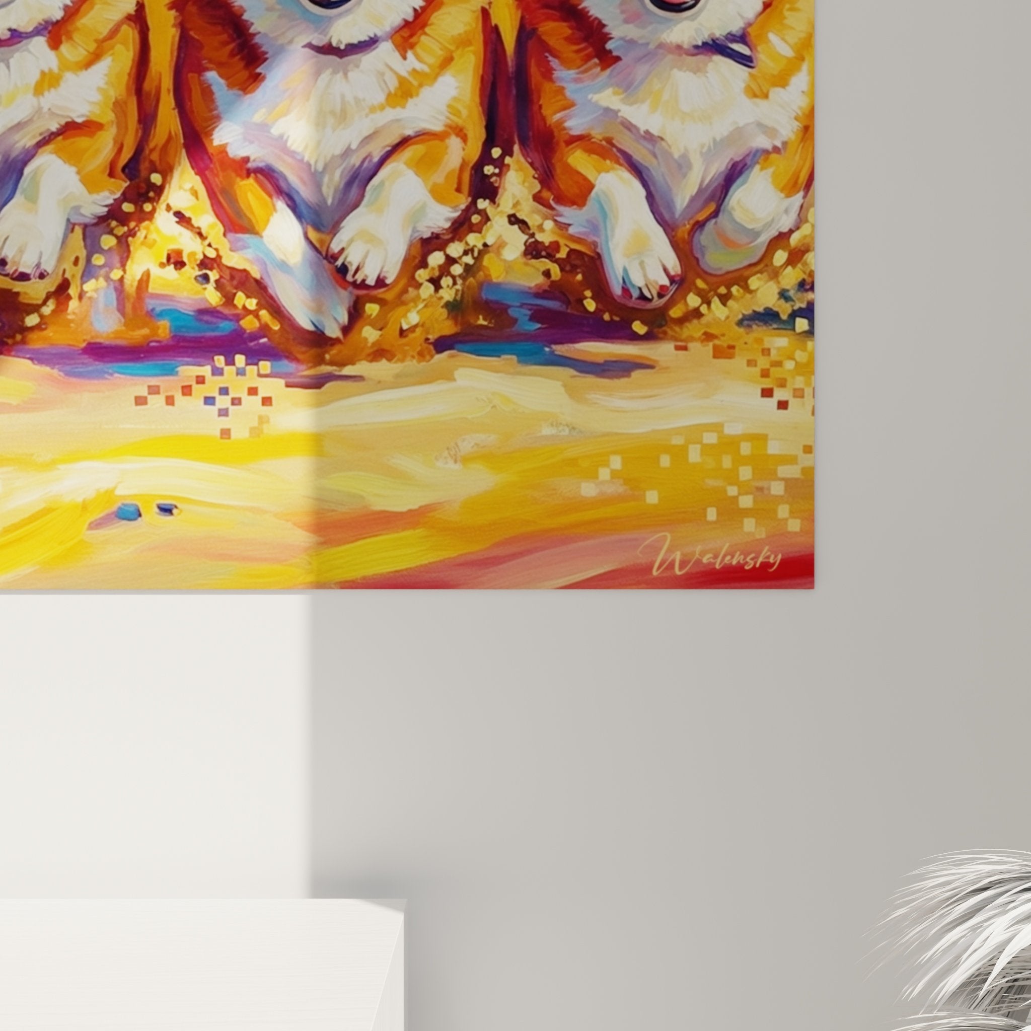 Gesamtansicht Corgi-Strand-Kunstdruck Wohnzimmer Wanddekoration zeitgenössische Tierkunst lebendige Farben