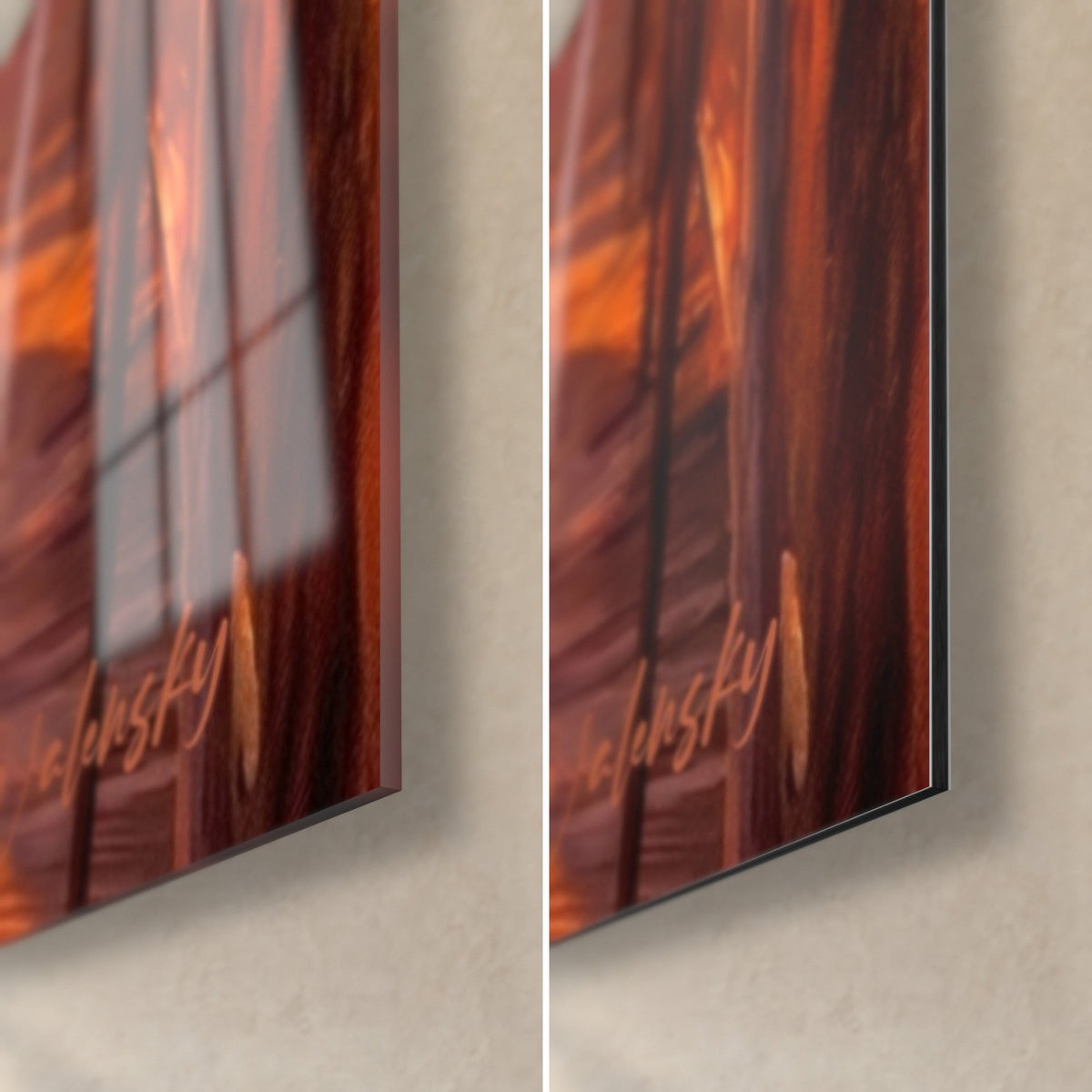 Schilderij menigte hardlopers bij zonsopgang, rechtsonder: glanzend acrylglas links, mat Dibond aluminium rechts, rand van 3 mm