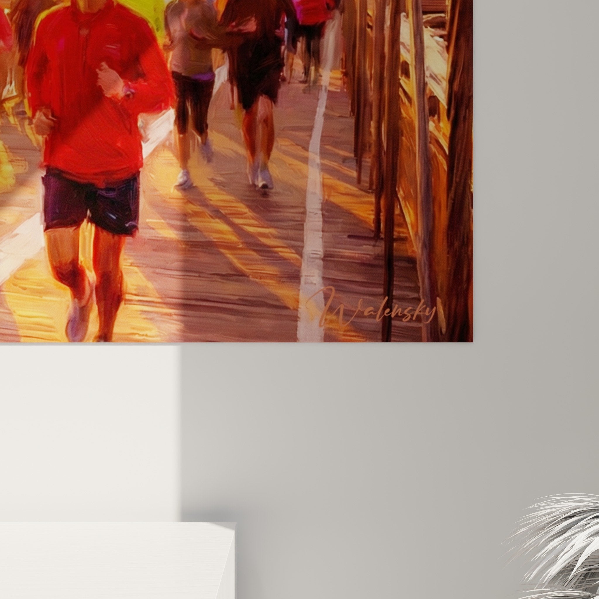 Vue ensemble tableau coureurs pont Manhattan salon moderne decoration urbaine tons chauds lumineux