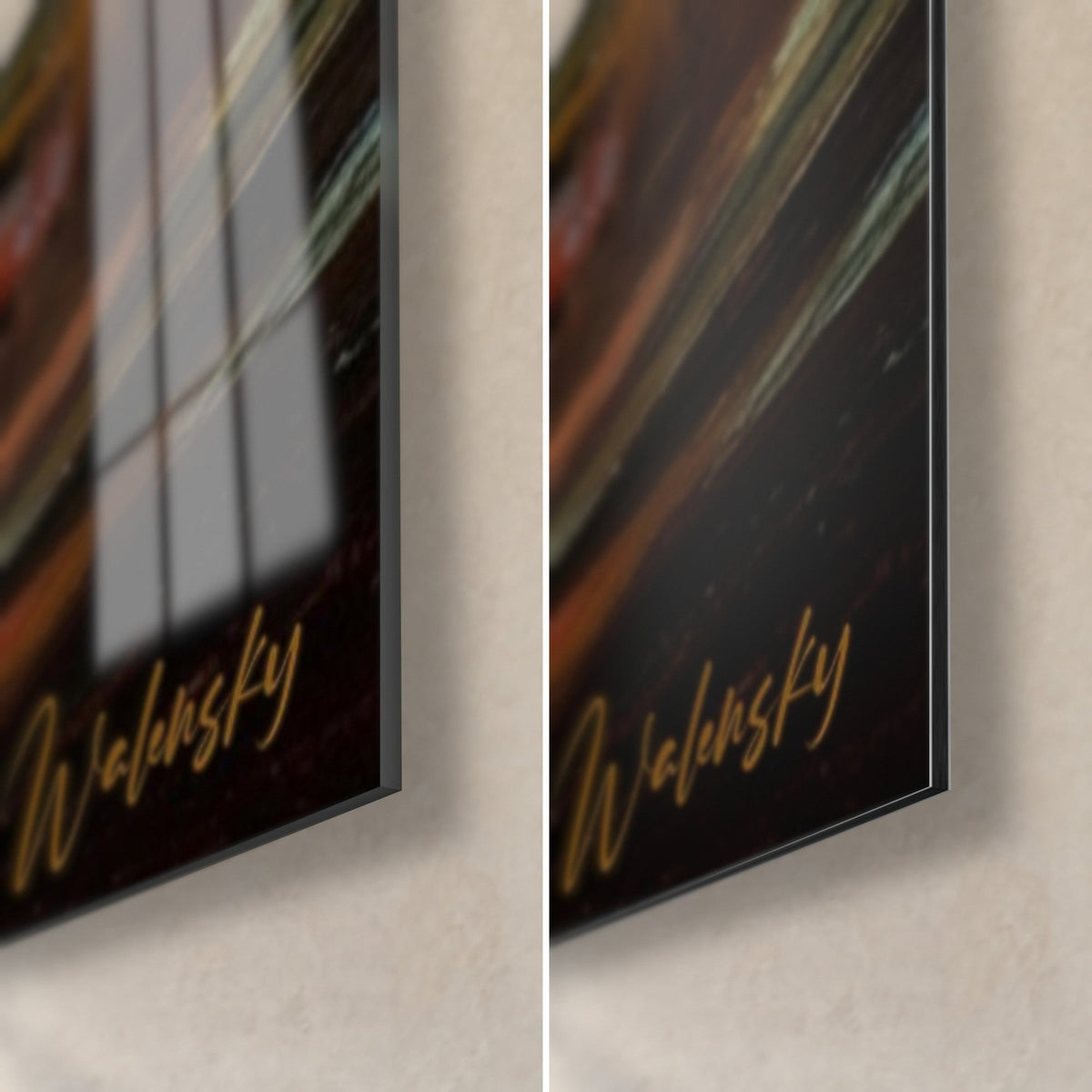 Wall art of a lone silhouette under the downpour, bottom right corner: glossy acrylic glass on the left, matte black Dibond on the right, golden signature