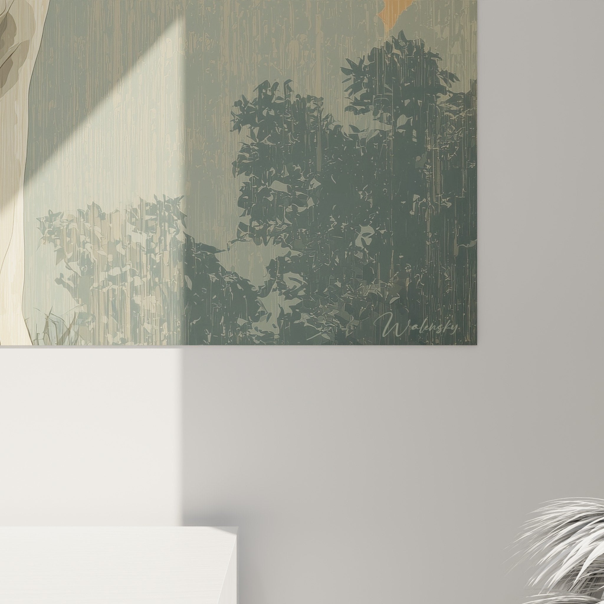 Vue ensemble tableau dogue dans salon avec tons chauds dorés et composition harmonieuse