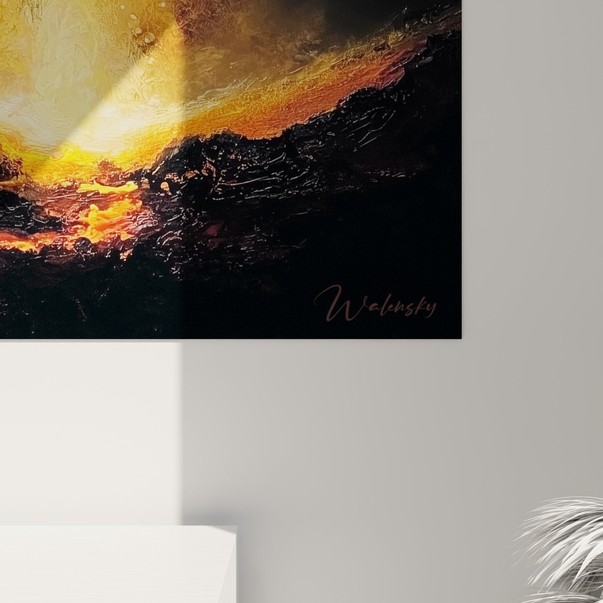 Full view volcanic painting golden flames contemporary living room feng shui south fire