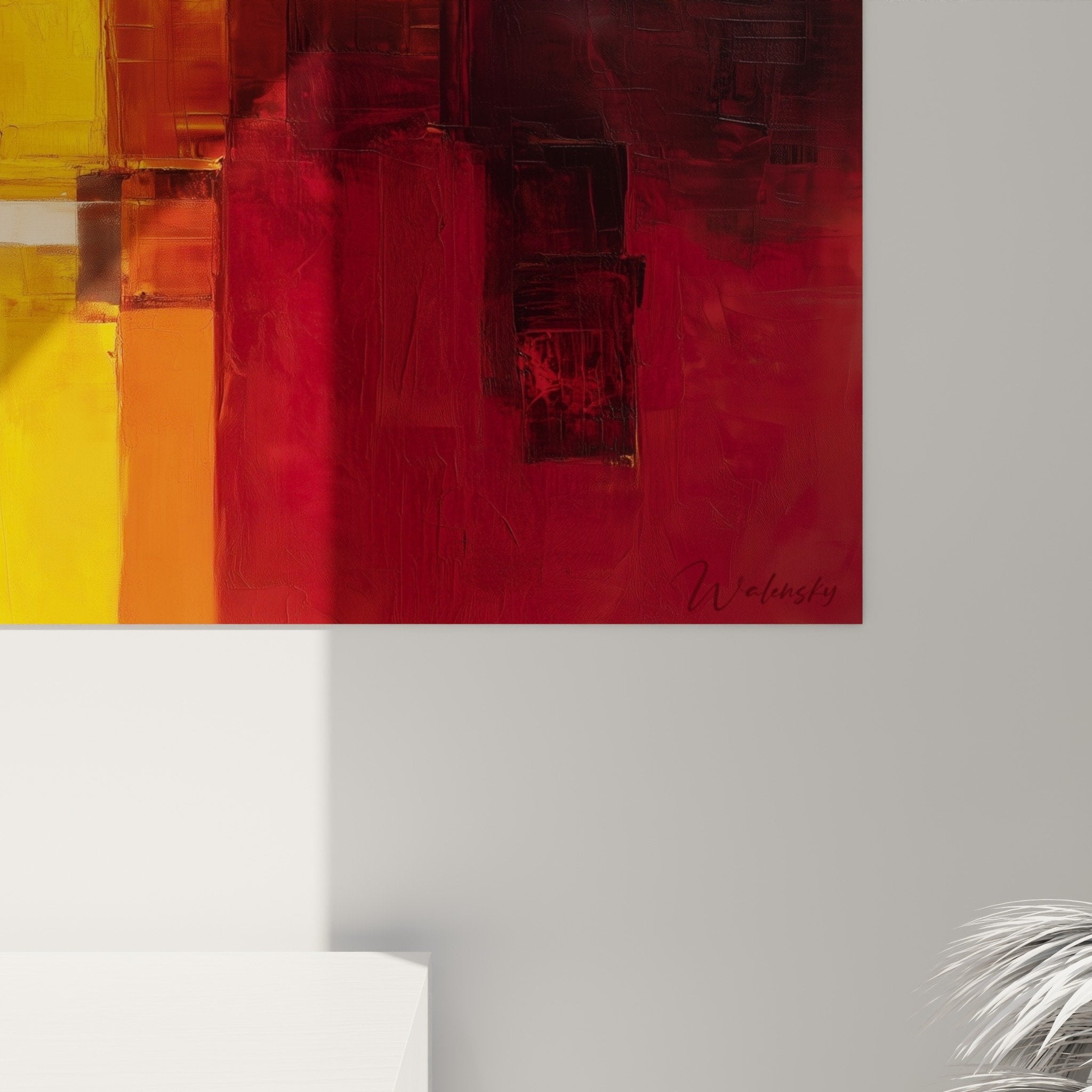 tableau feng shui sud feu mur salon decoration moderne couleurs chaudes rouge orange jaune