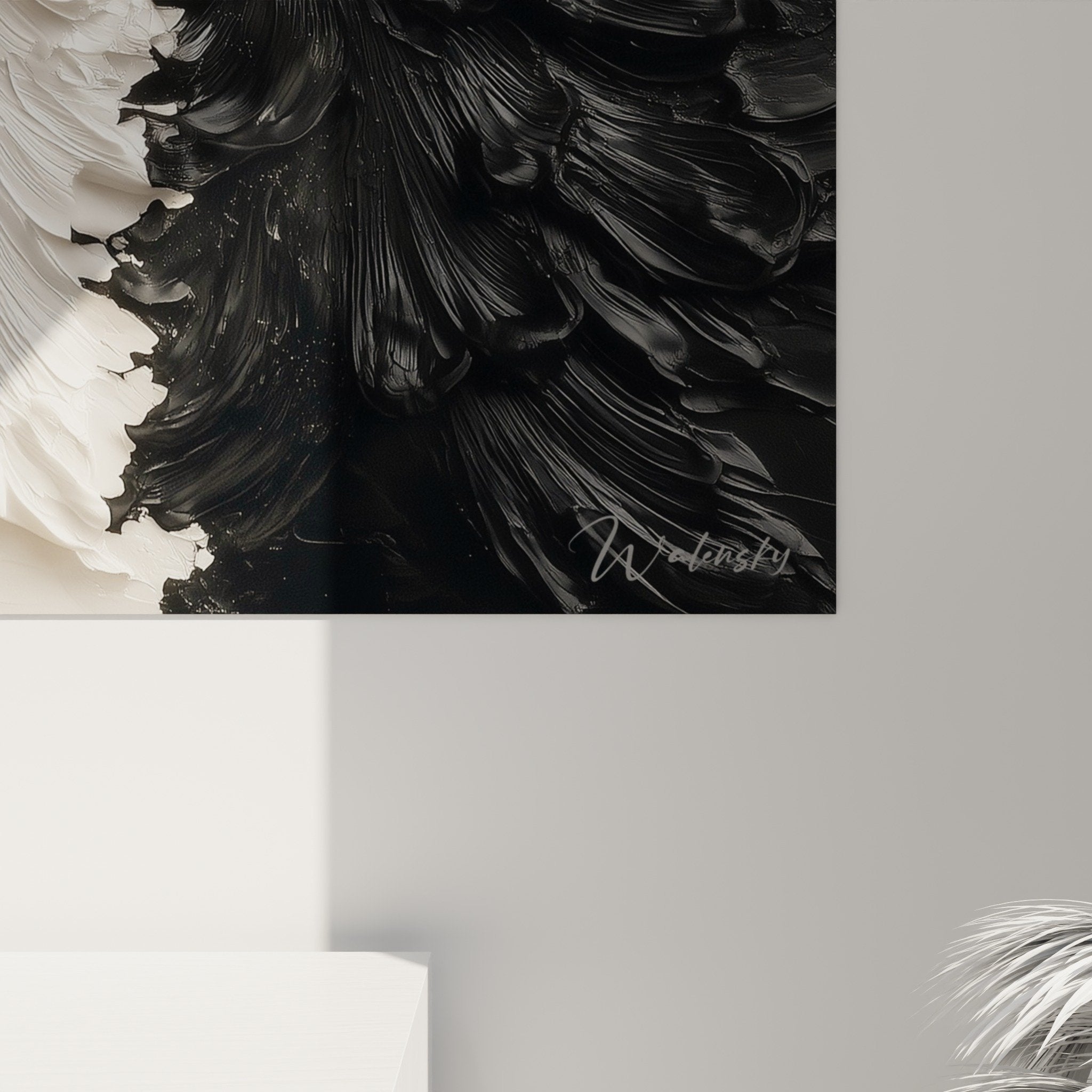 Overall view monochrome flower wall art with relief modern living room decoration feng shui metal