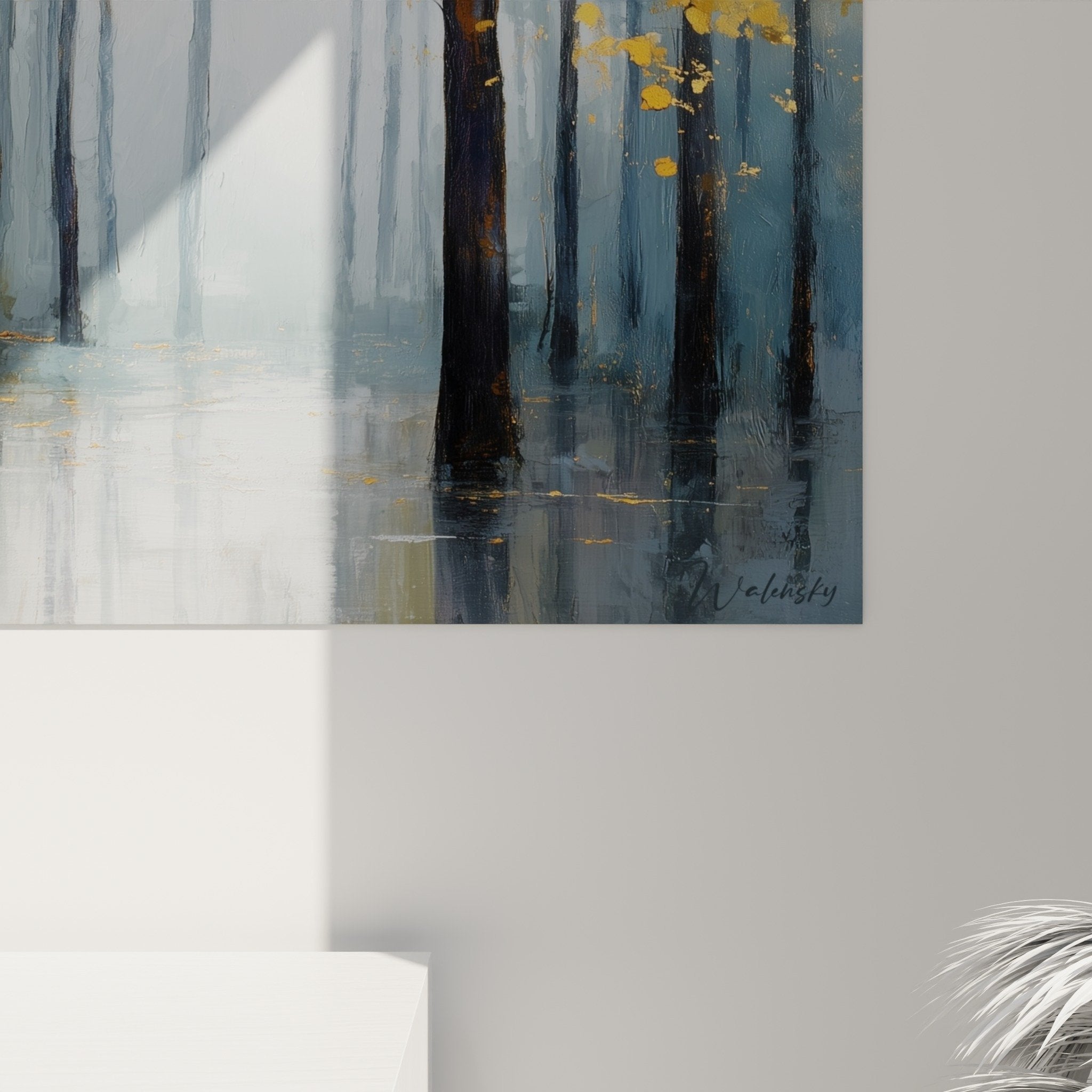 Vue ensemble salon tableau foret brumeuse deco murale feng shui est bois harmonie naturelle
